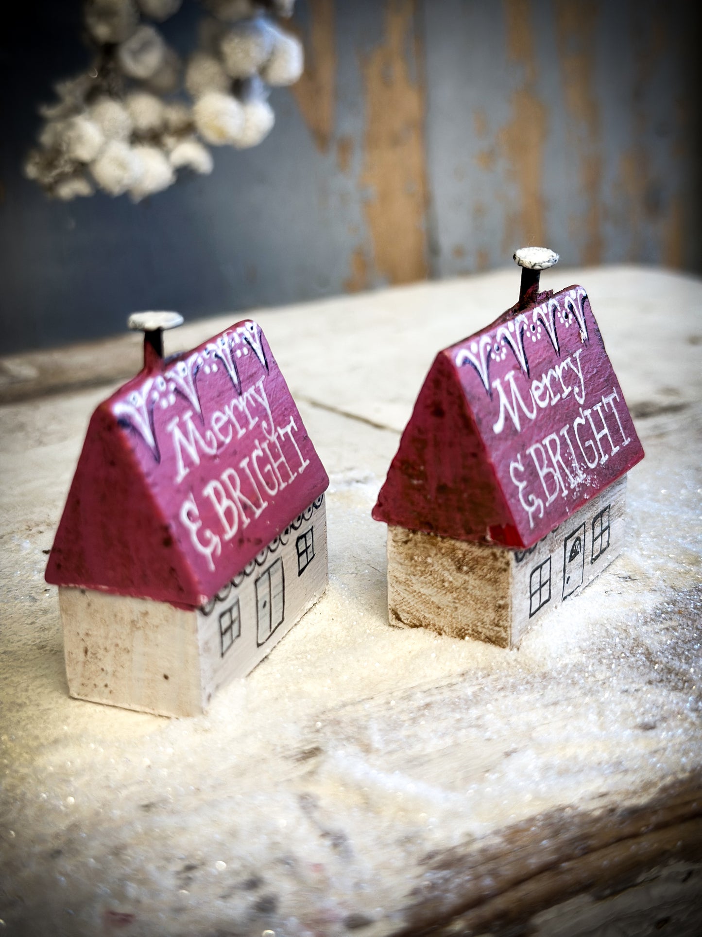 A Pretty Vintage German Erzgebirge Putz Wooden Village House “Merry & Bright”