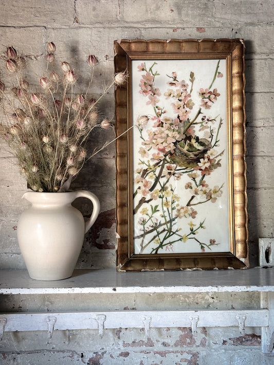 A Stunning Victorian Milk Glass Painting of A Bird’s Nest and Spring Blossoms