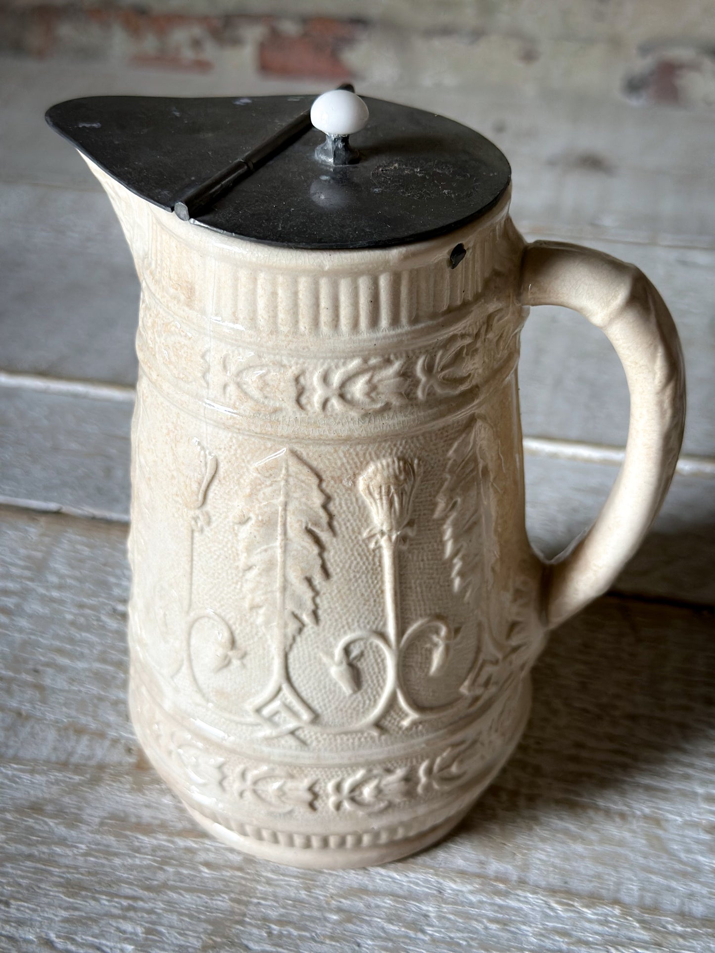 Antique Victorian Creamware Jug with Original Self-Closing Pewter Patent Lid