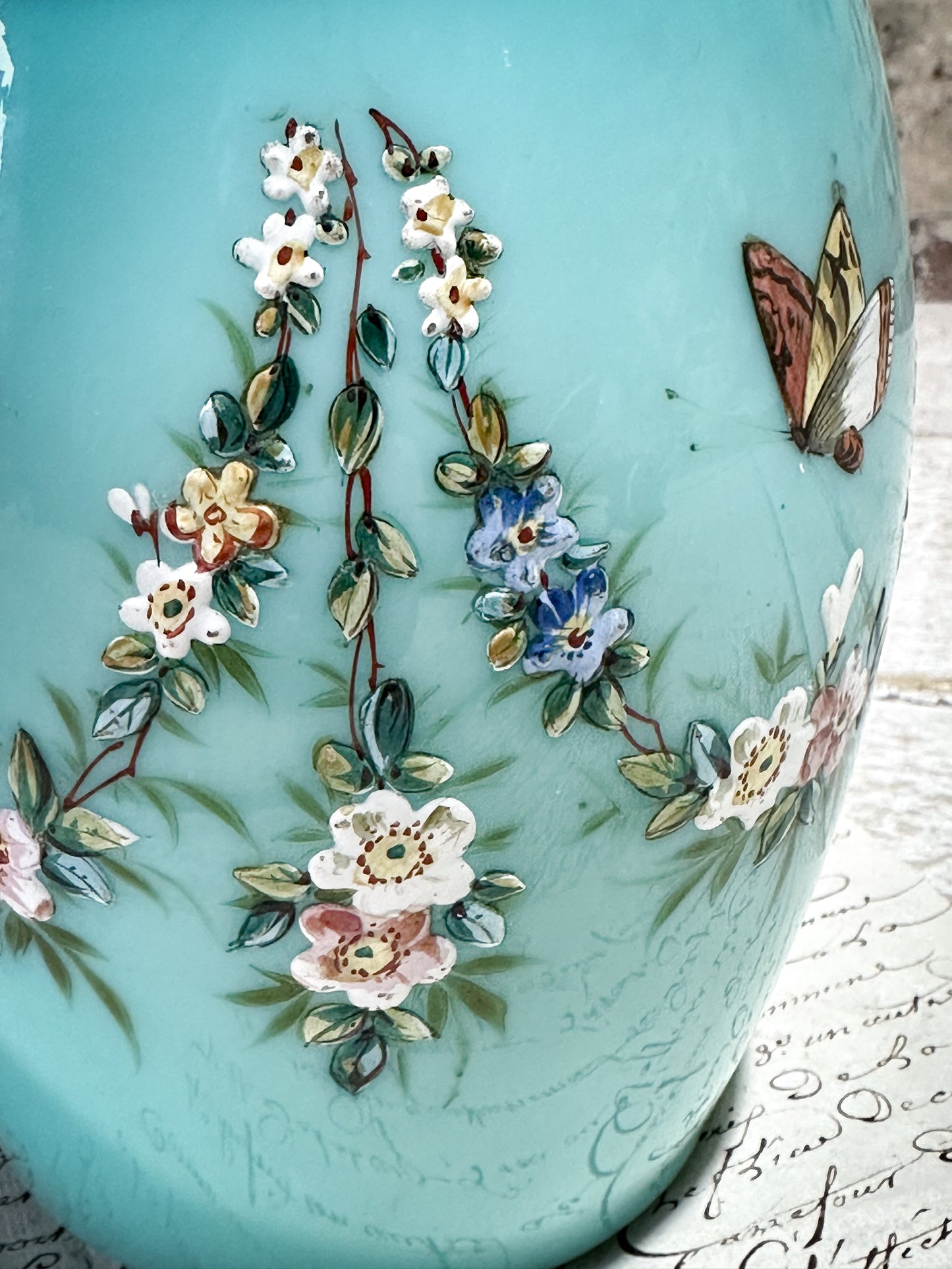 Antique lady’s Enamelled Milk Glass Boudoir Biscuit Barrel