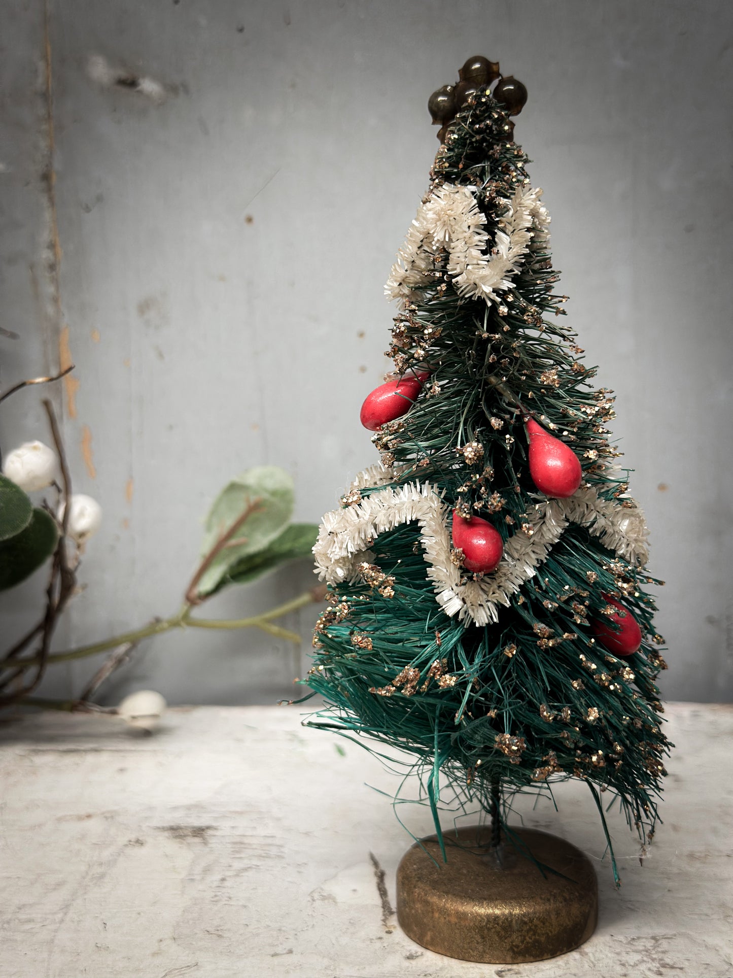 A Pair of Mid-Century Japanese Bottle-Brush Christmas Trees with Baubles – c.1950s–60s