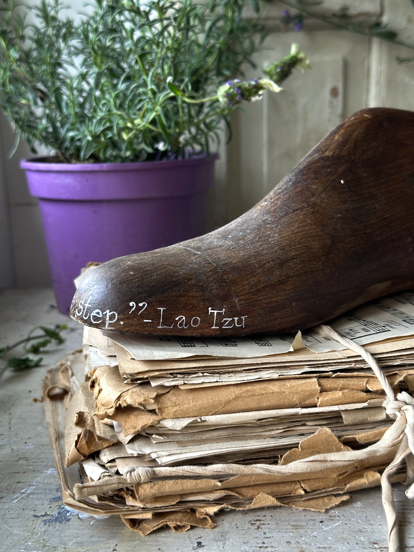 An antique wooden painted adult’s shoe last.