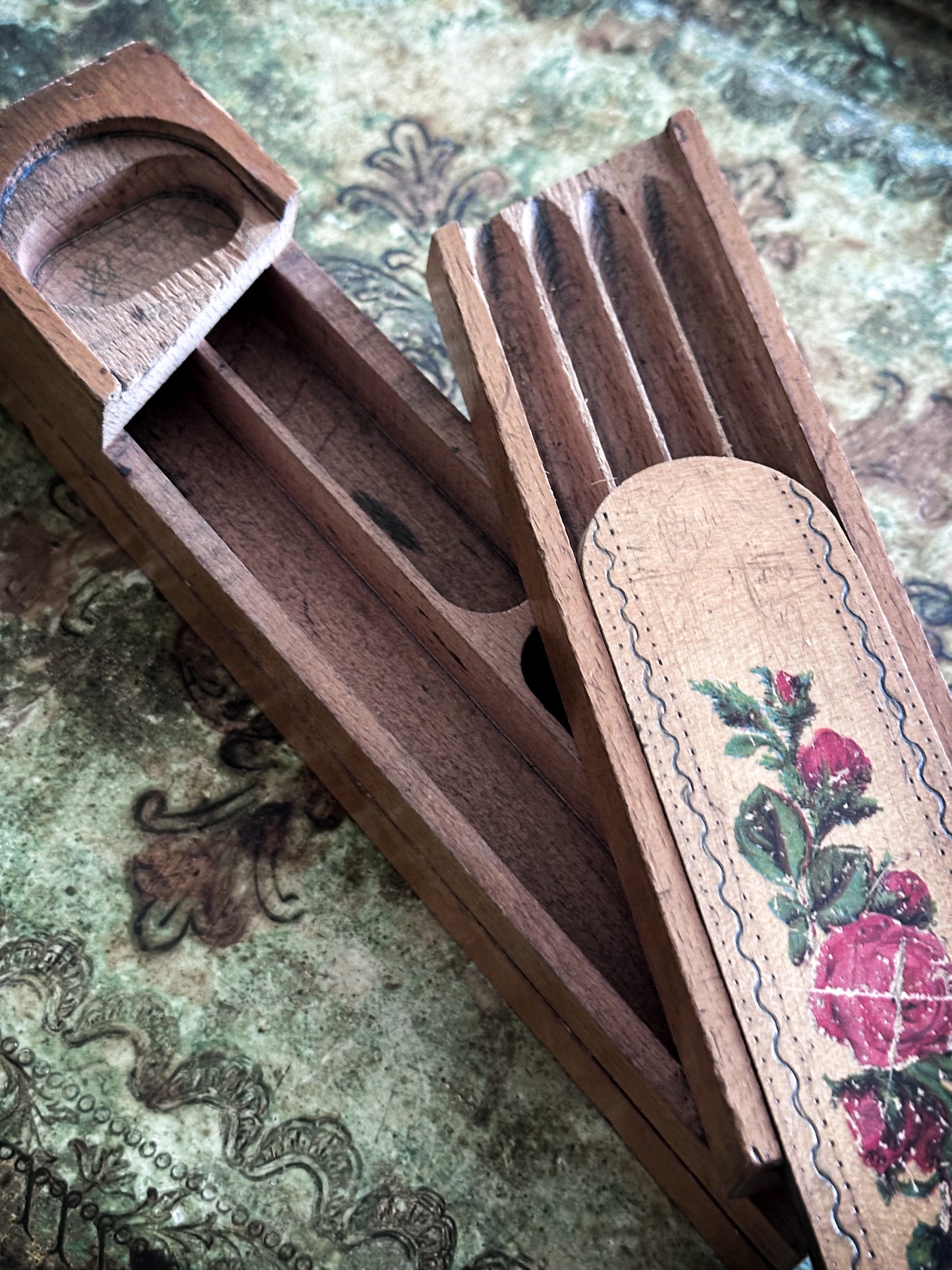 Vintage Wooden School Pencil Case with Roses