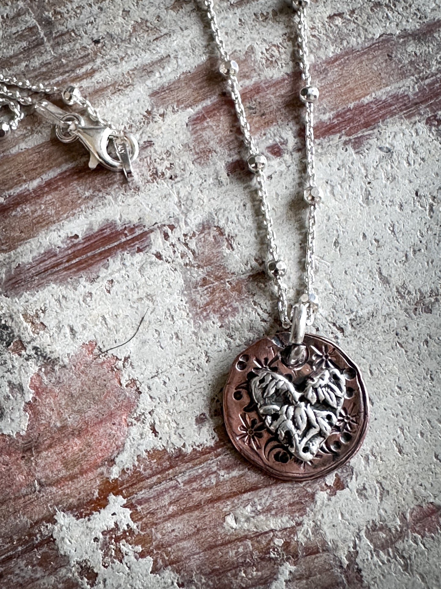 Moon Garden Heart Necklace – Fine Silver Wedgwood Sprig on Star-Stamped Copper