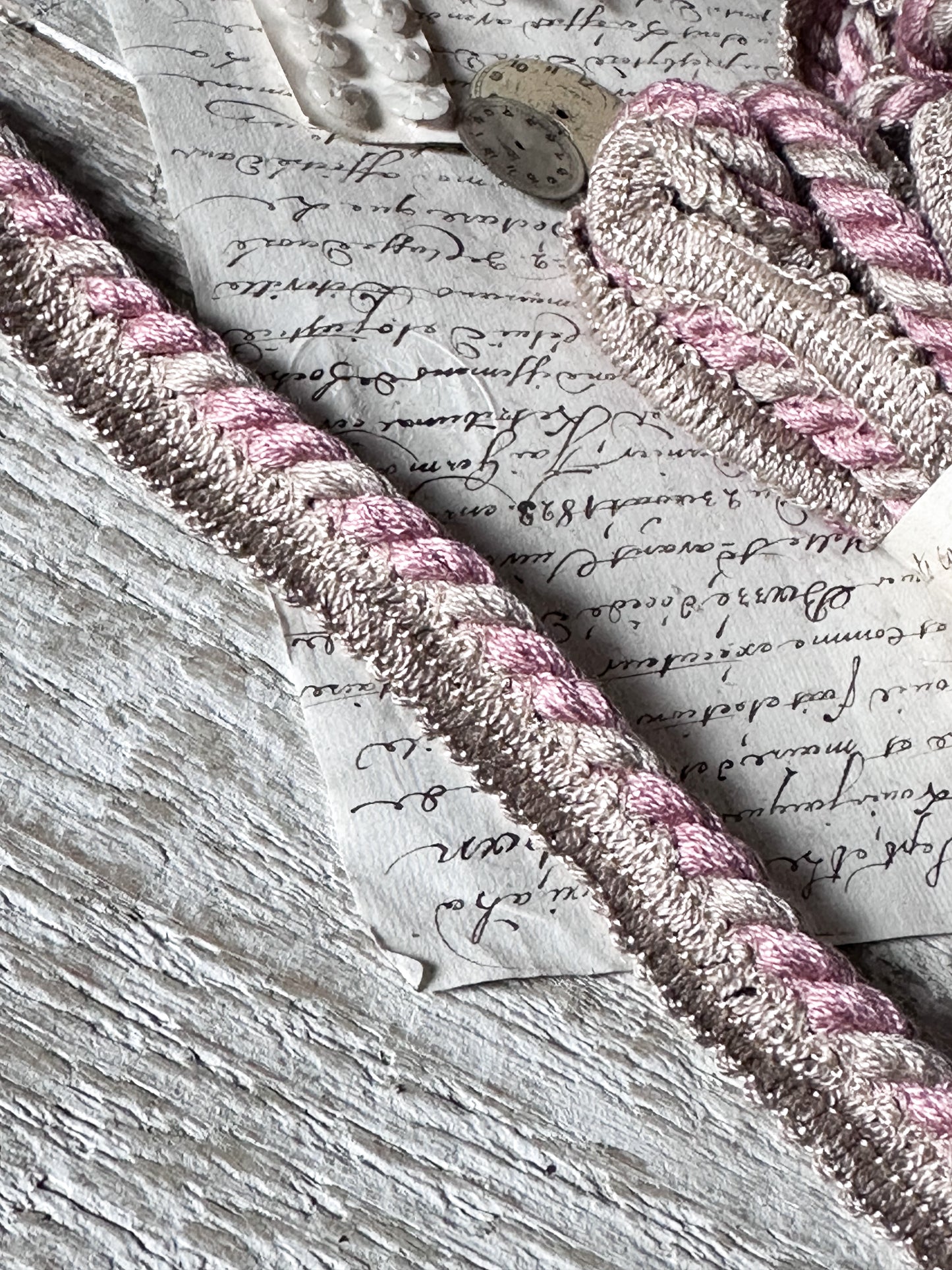 Vintage French Passementerie Trim – Pink and Cream Silk Braid with Original Paper Wrap