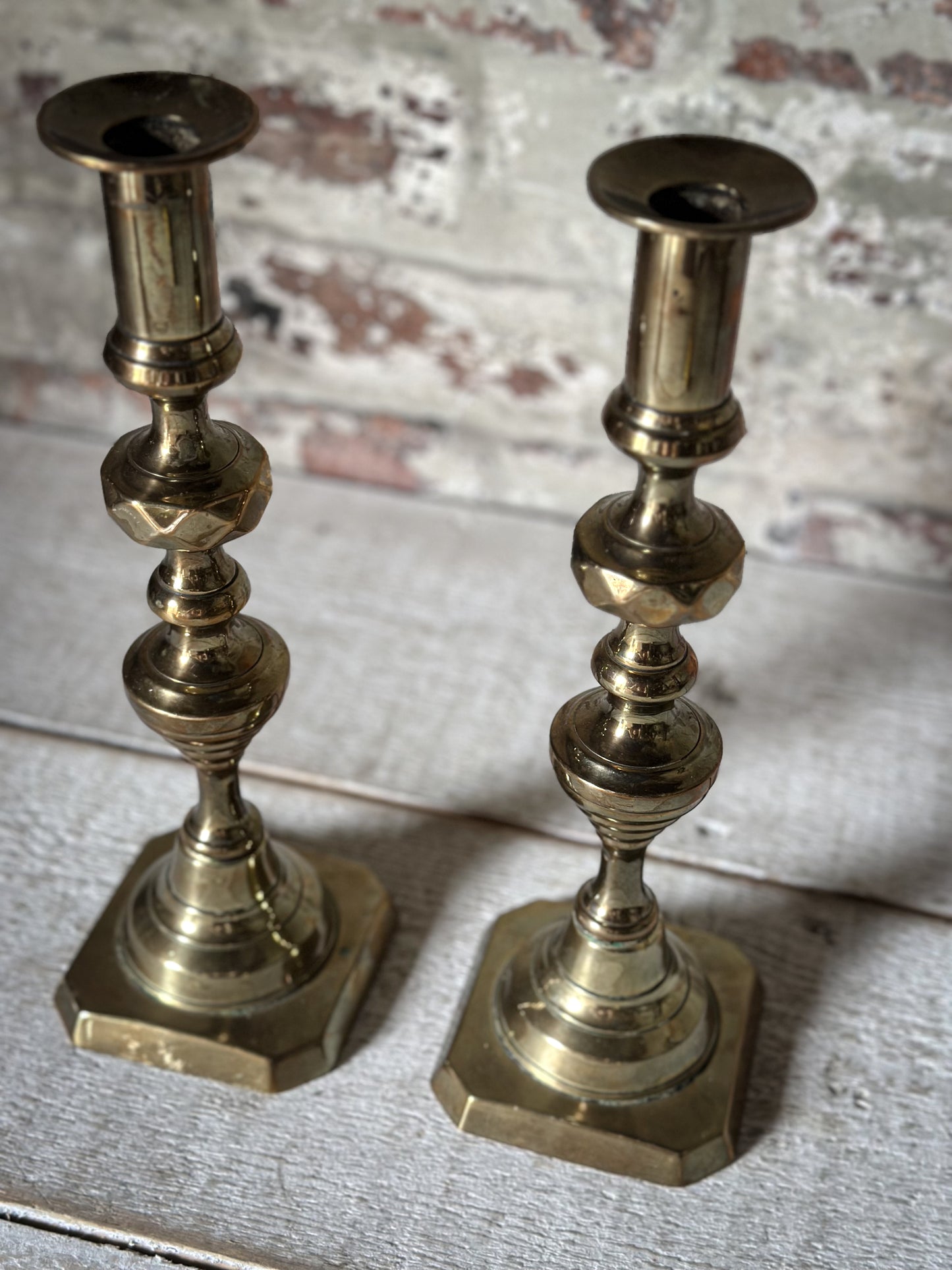 Pair of Antique Brass Push-Up Candlesticks | Victorian Edwardian Ejector Candlesticks | 30cm Tall