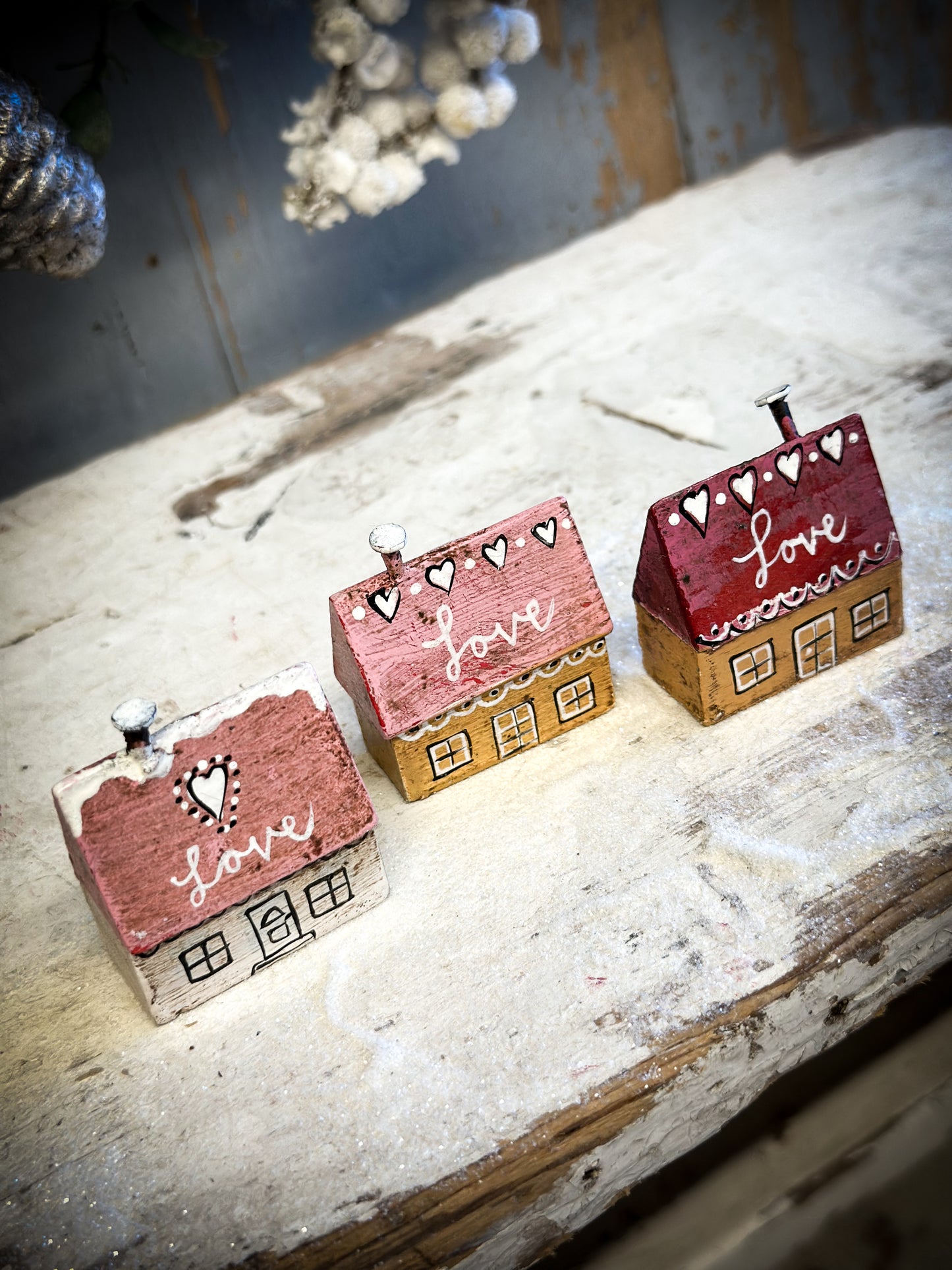 A Pretty Vintage German Erzgebirge Putz Wooden Village House “Love”