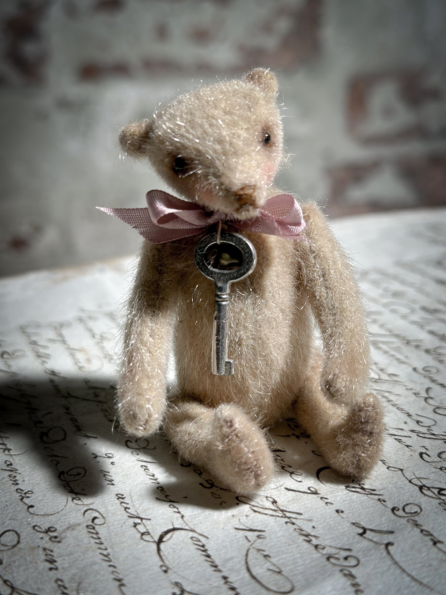 A beautiful hand made tiny jointed collector’s teddy bear with pale pink antique ribbon and bell and heart charm