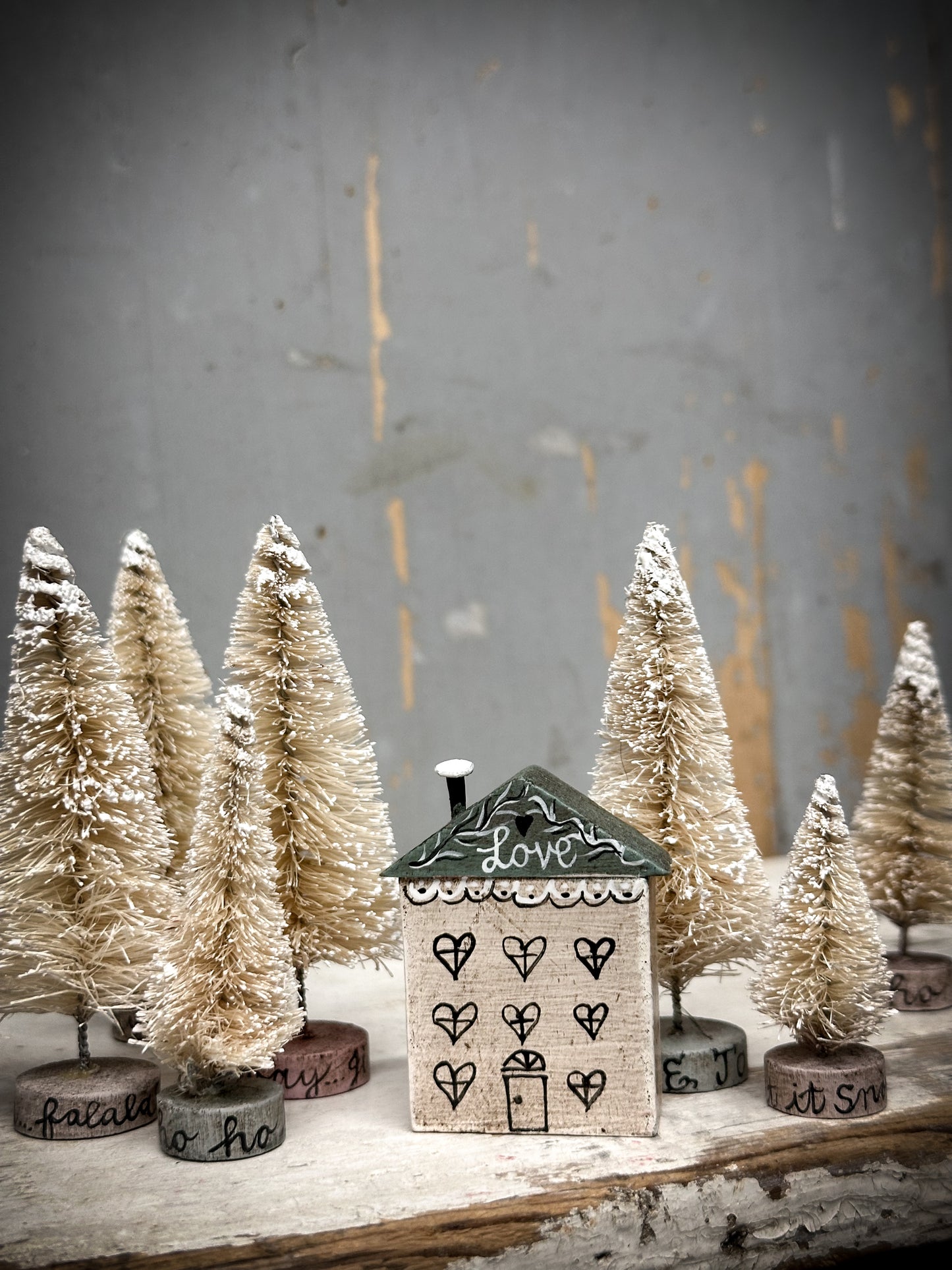 A Large Vintage German Erzgebirge Putz Wooden Village House “Love”