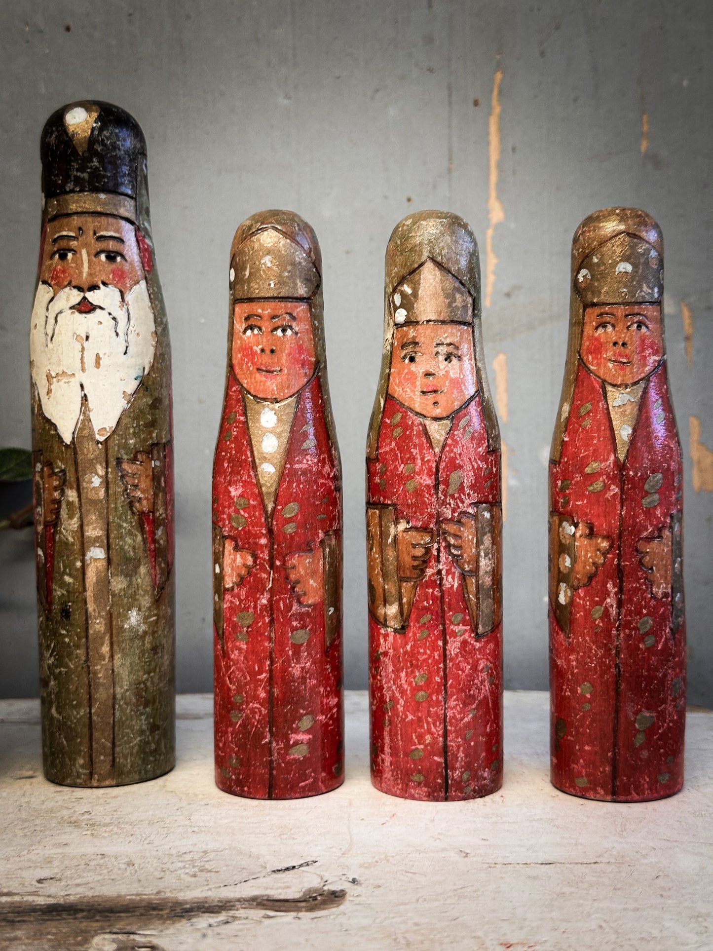 Exquisite Antique Hand-Carved Santa Figures – Set of Six (c. 1920–1930, Ex-Bletchley Museum Collection)