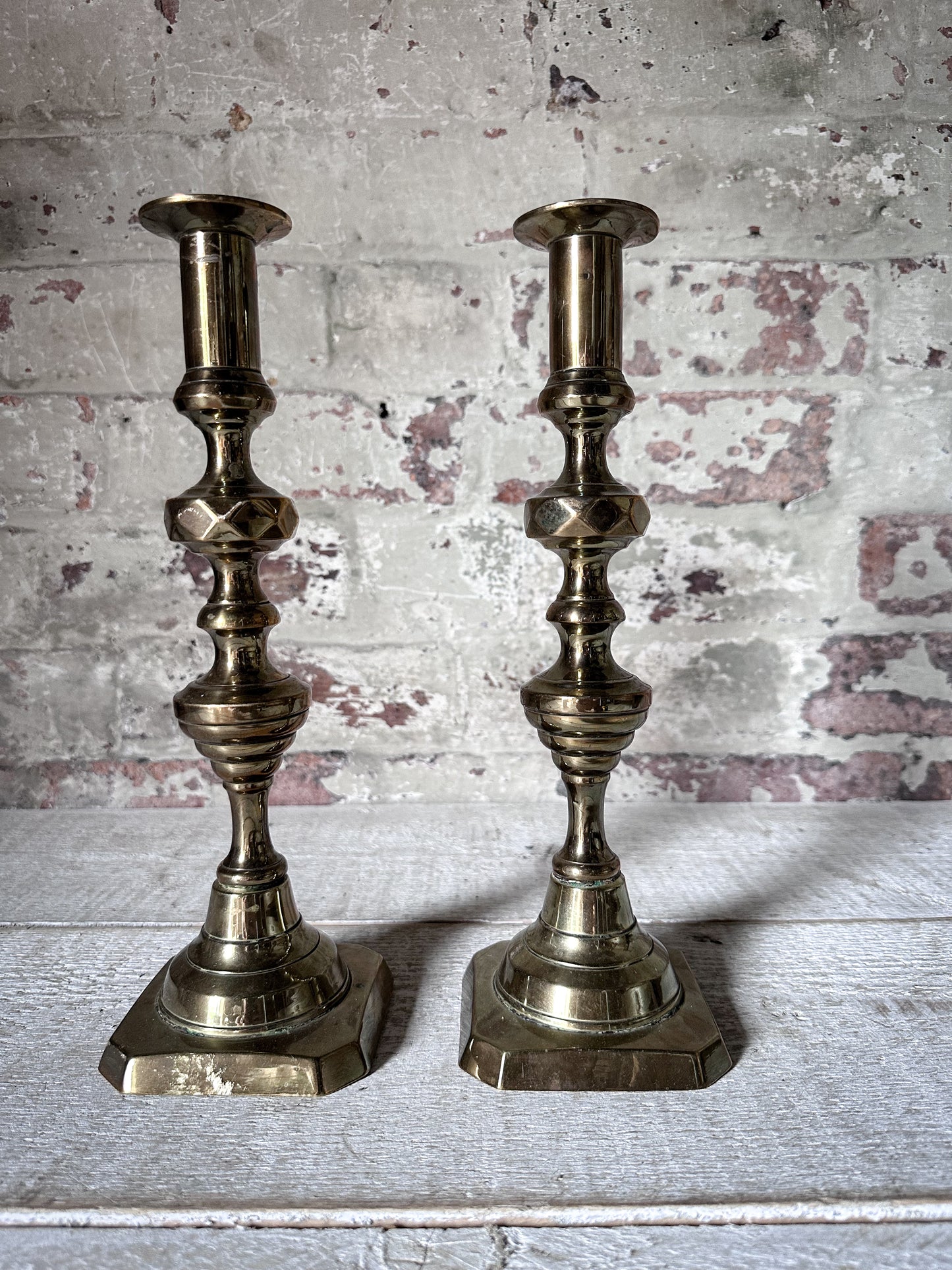 Pair of Antique Brass Push-Up Candlesticks | Victorian Edwardian Ejector Candlesticks | 30cm Tall