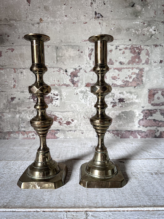 Pair of Antique Brass Push-Up Candlesticks | Victorian Edwardian Ejector Candlesticks | 30cm Tall