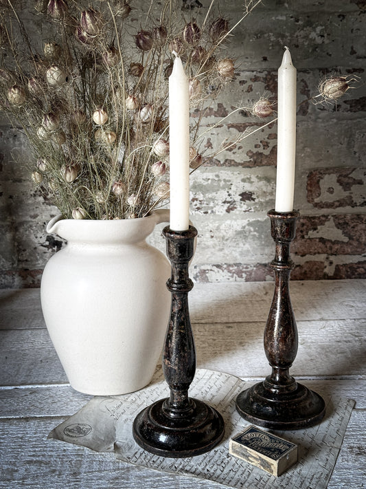 A Pair of Antique Hand Turned Ebonised Candlestick Holders