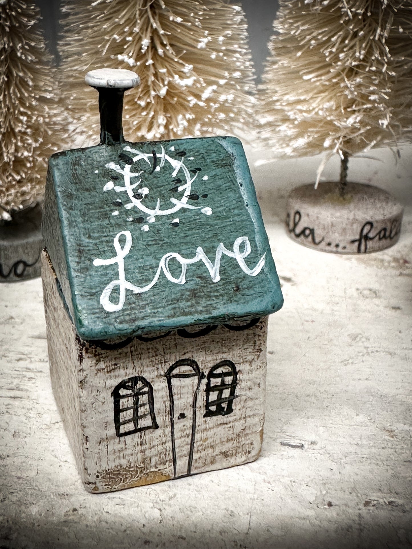 A mini Vintage German Erzgebirge Putz Wooden Village House “Love”