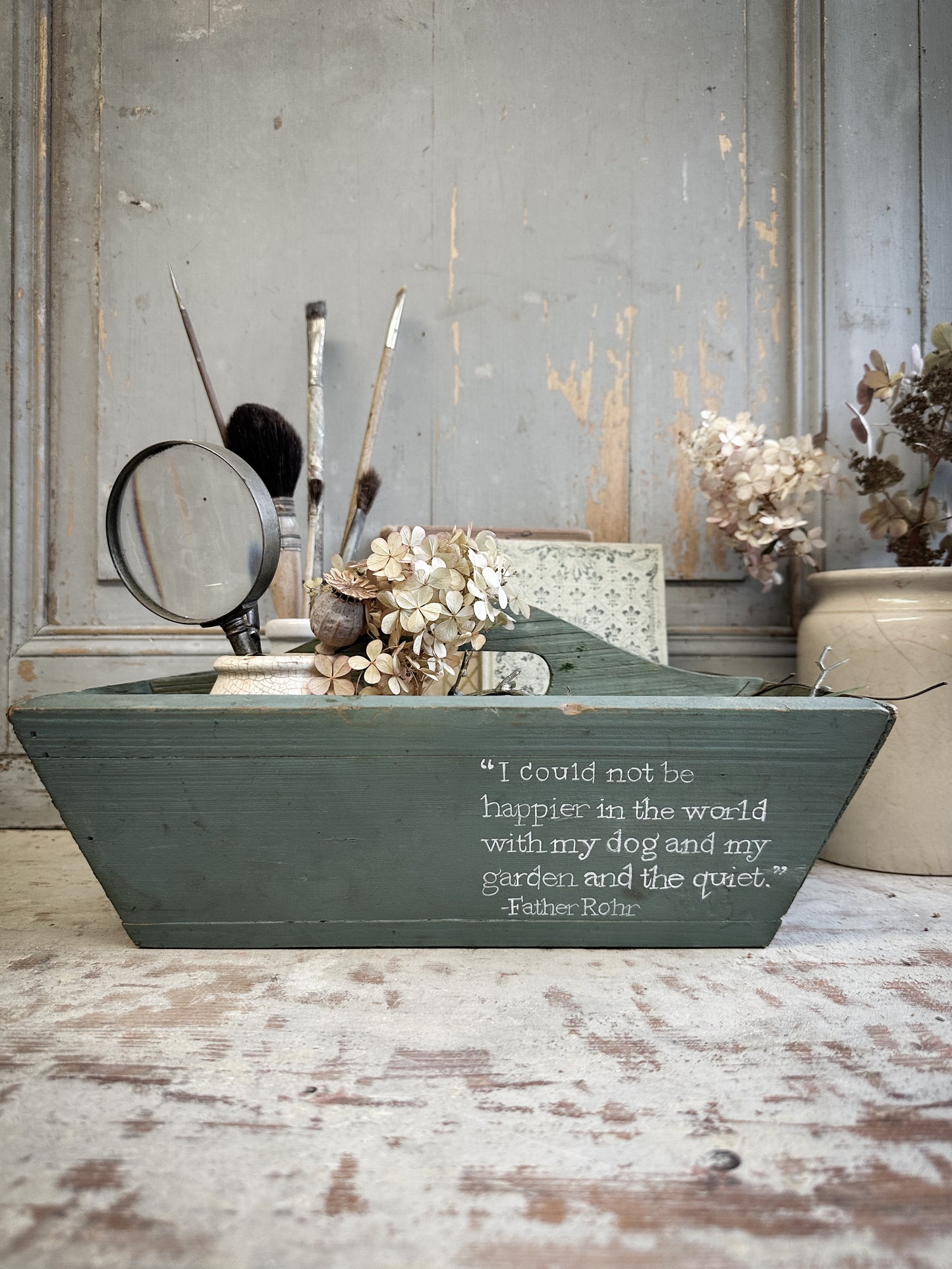 A Vintage Chippy Paint Wooden Trug With Garden Quote