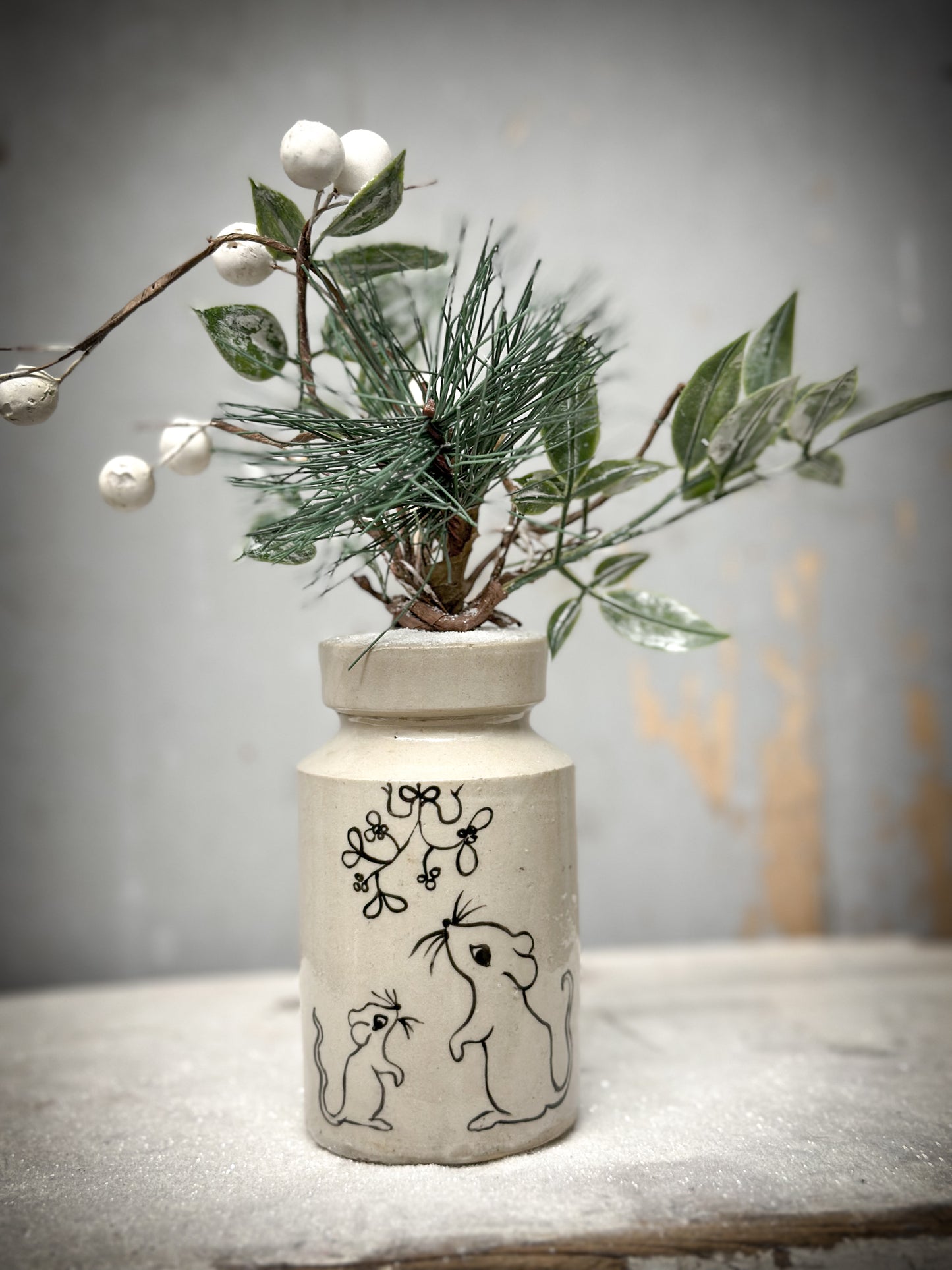 A Hand Painted Mini Victorian Illustrated “ Baby’s First Christmas” Stoneware Bottle