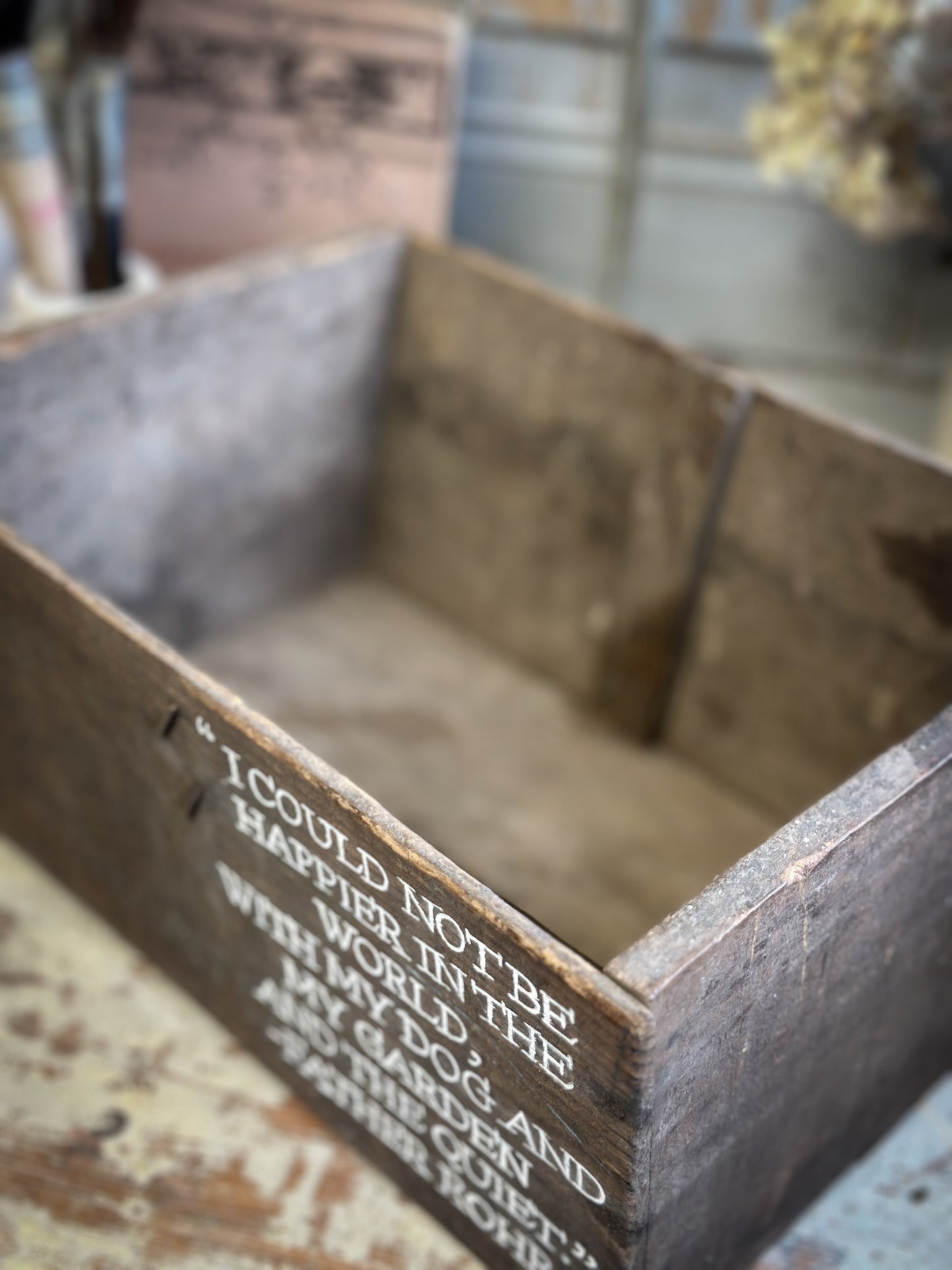 A Vintage Wooden Tomato Crate With Hand Painted Quote