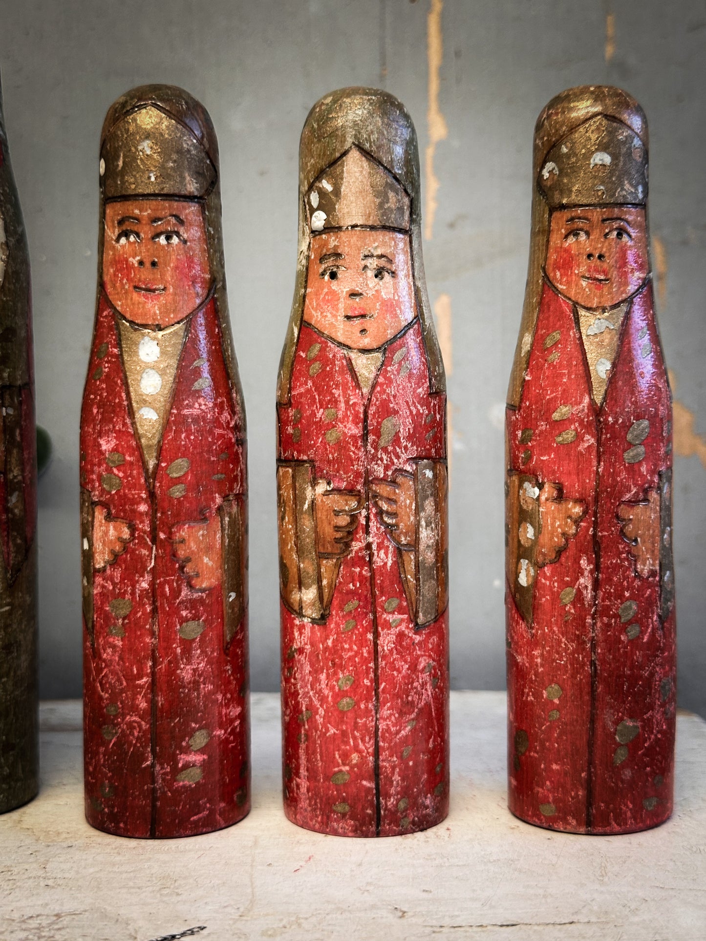 Exquisite Antique Hand-Carved Santa Figures – Set of Six (c. 1920–1930, Ex-Bletchley Museum Collection)