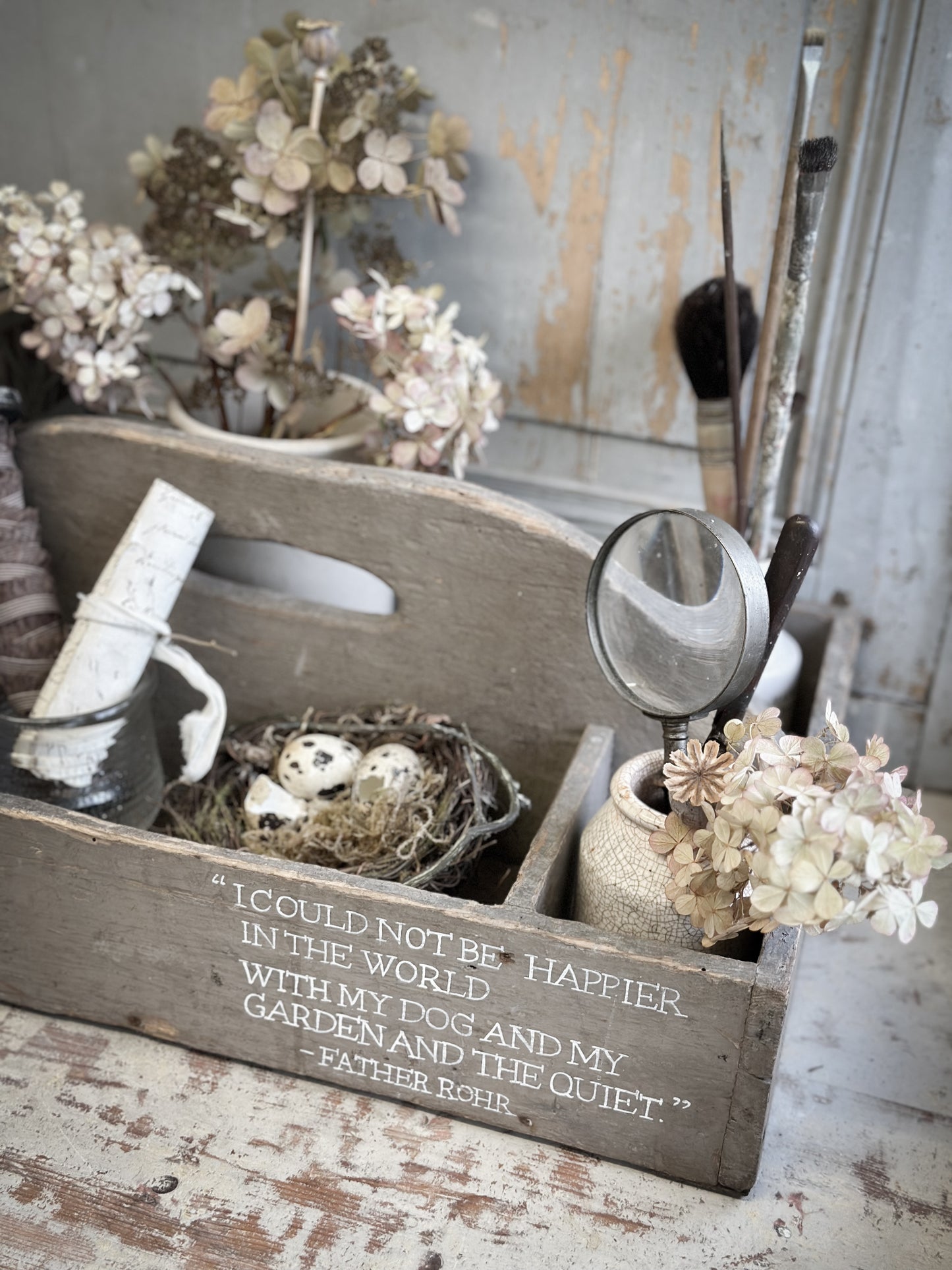 A Large Vintage French Chippy Paint Wooden Trug With Garden Quote