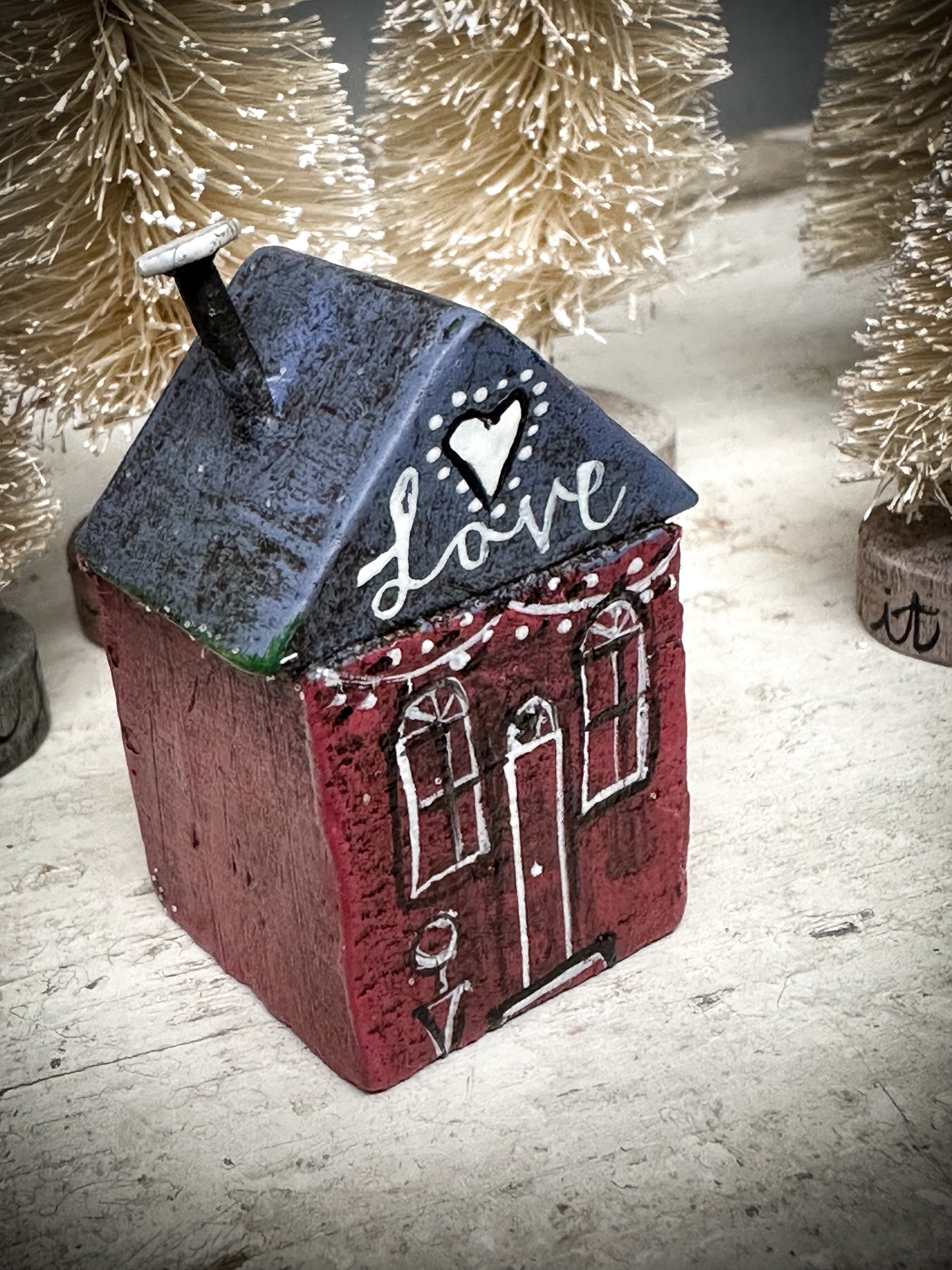 A mini Vintage German Erzgebirge Putz Wooden Village House “Love”