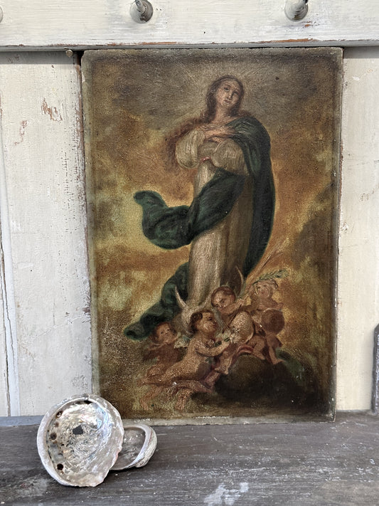 Antique oil on wood panel religious painting of Mary with cherubs at her feet