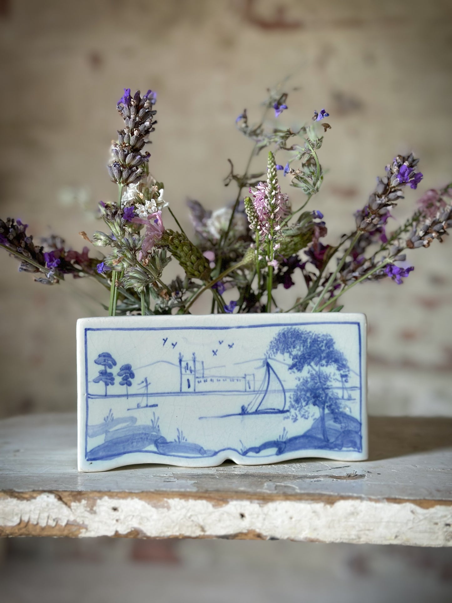 A beautiful Isis by Deborah seers Oxford, blue and white flower brick, tulipiere, flower frog, blue and white tin glaze vase