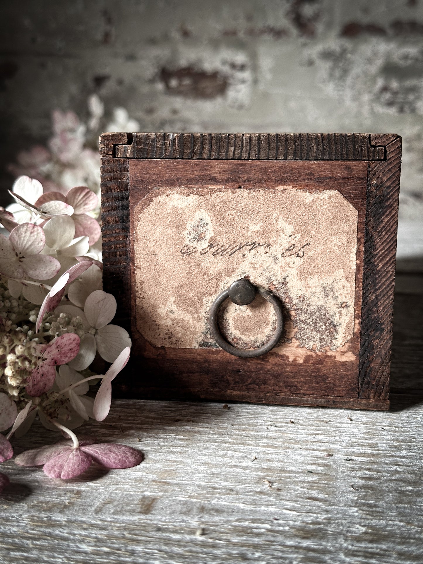 A wonderful French wooden engineer’s drawer with hand written label and sliding lid