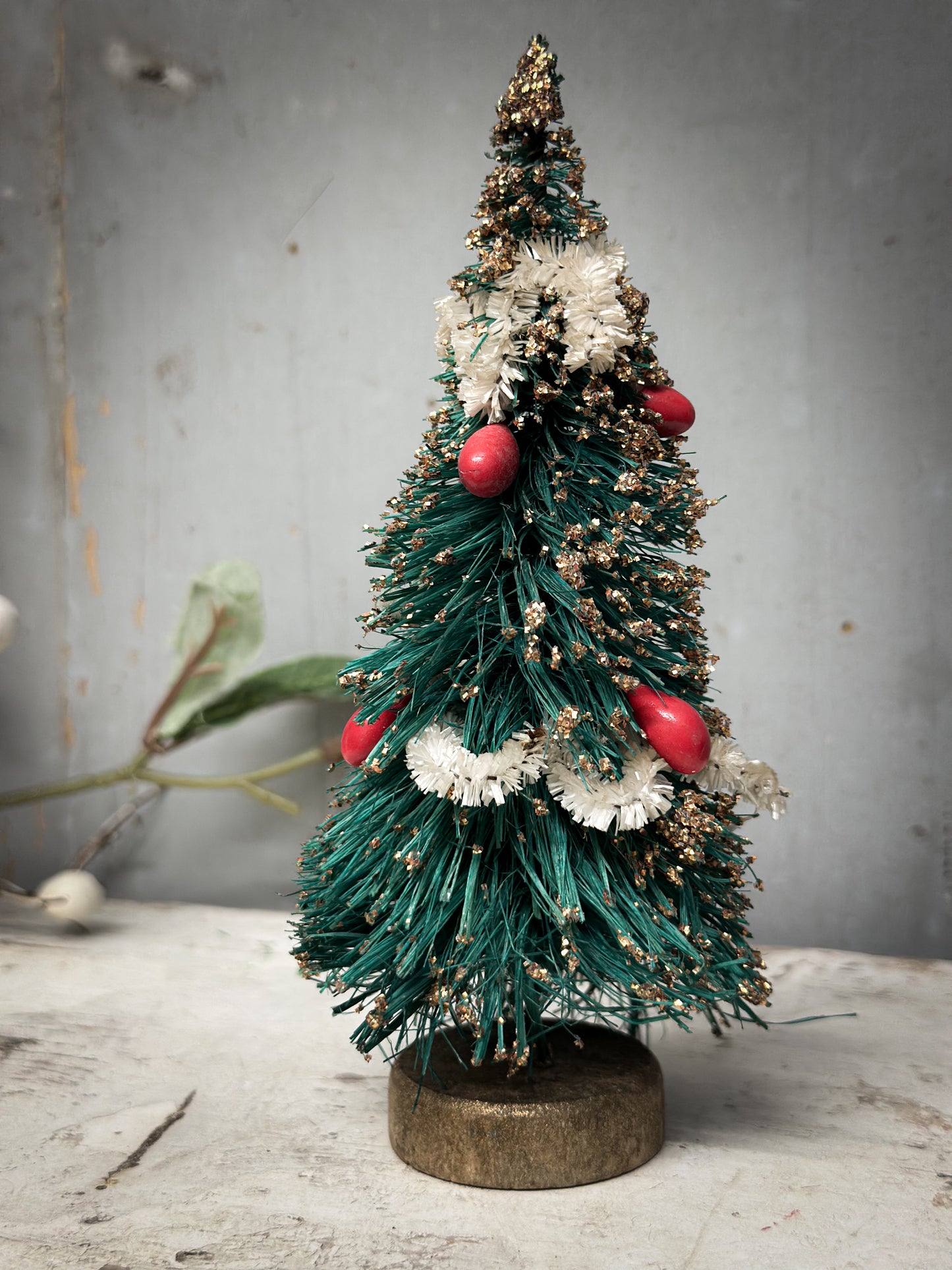 A Pair of Mid-Century Japanese Bottle-Brush Christmas Trees with Baubles – c.1950s–60s