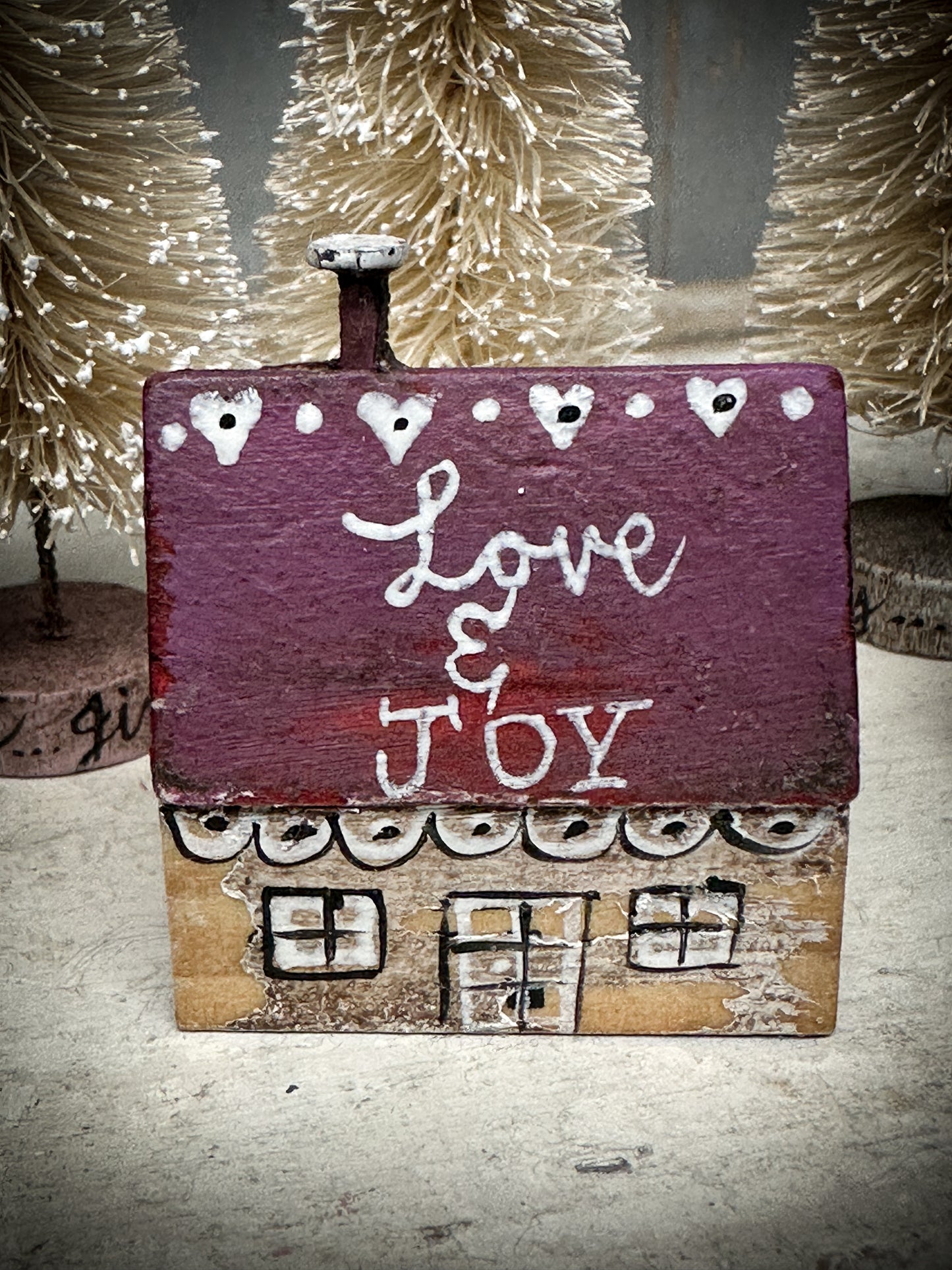 A small Vintage German Erzgebirge Putz Wooden Village House “Love & Joy”