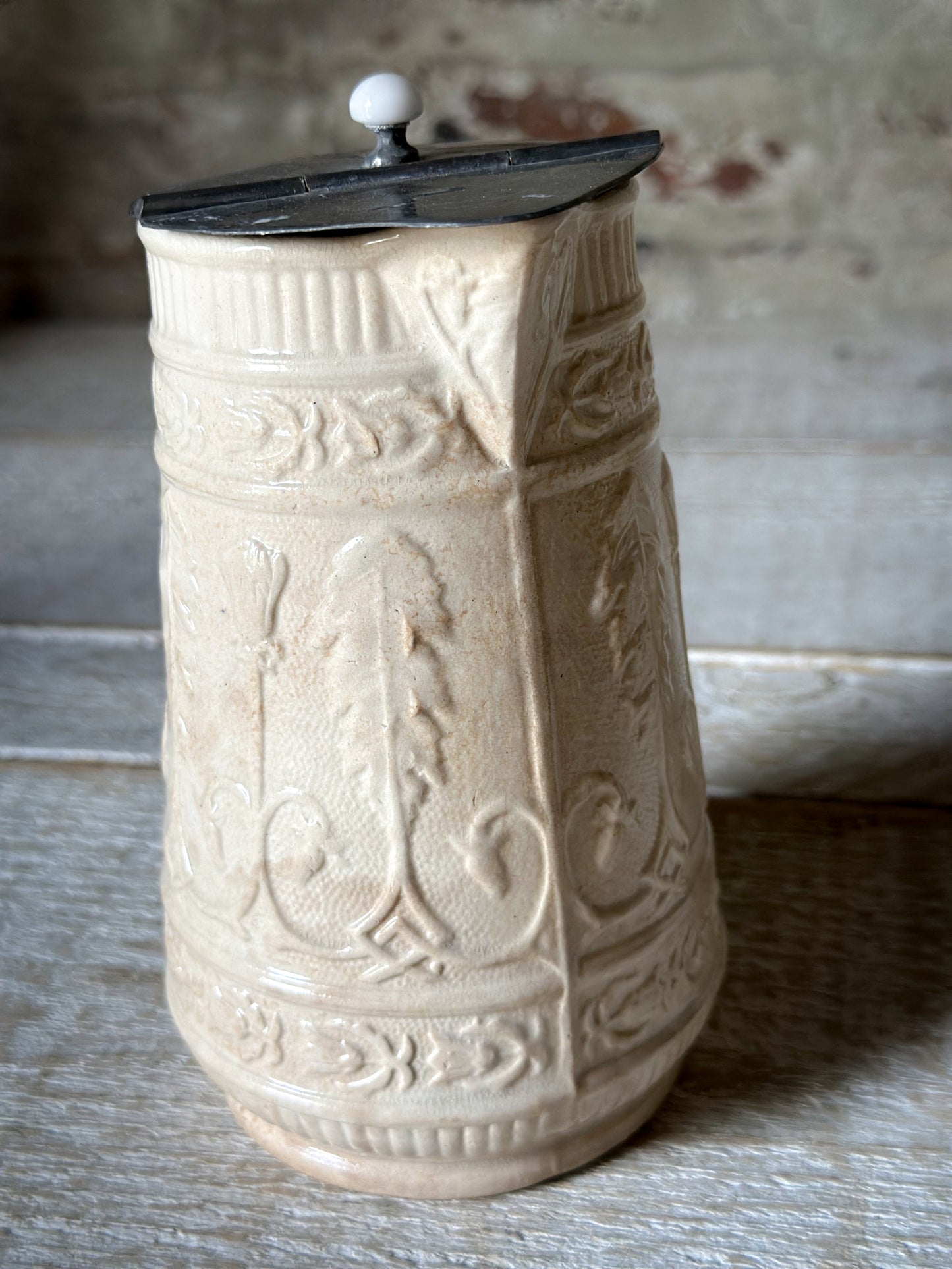 Antique Victorian Creamware Jug with Original Self-Closing Pewter Patent Lid