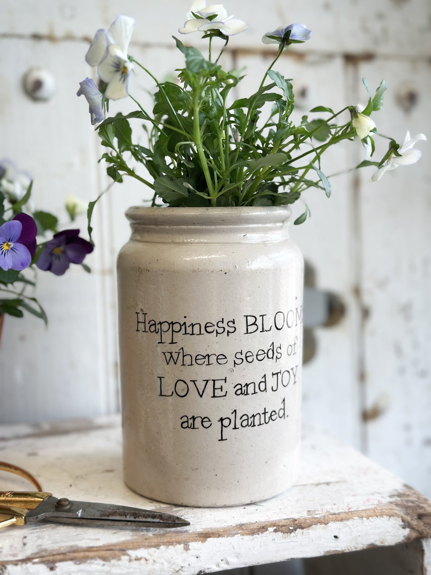 “Happiness Blooms” Large Painted Stoneware Pot