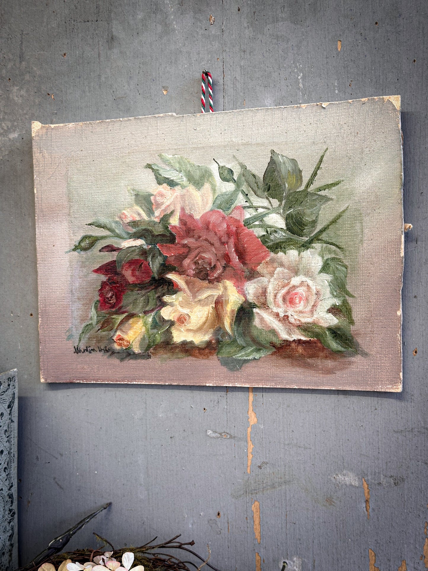 Antique Floral Oil Painting – Roses