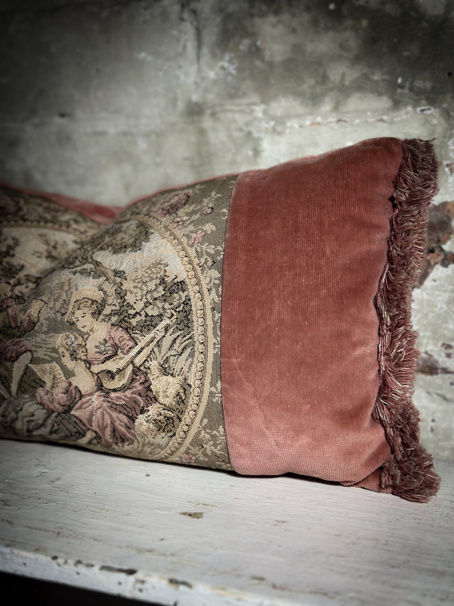 A Vintage Velvet Tapestry Fragonard Mini Bolster Cushion