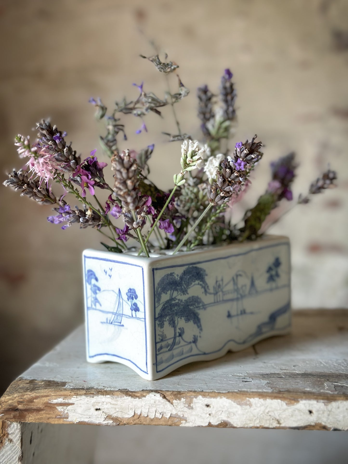 A beautiful Isis by Deborah seers Oxford, blue and white flower brick, tulipiere, flower frog, blue and white tin glaze vase