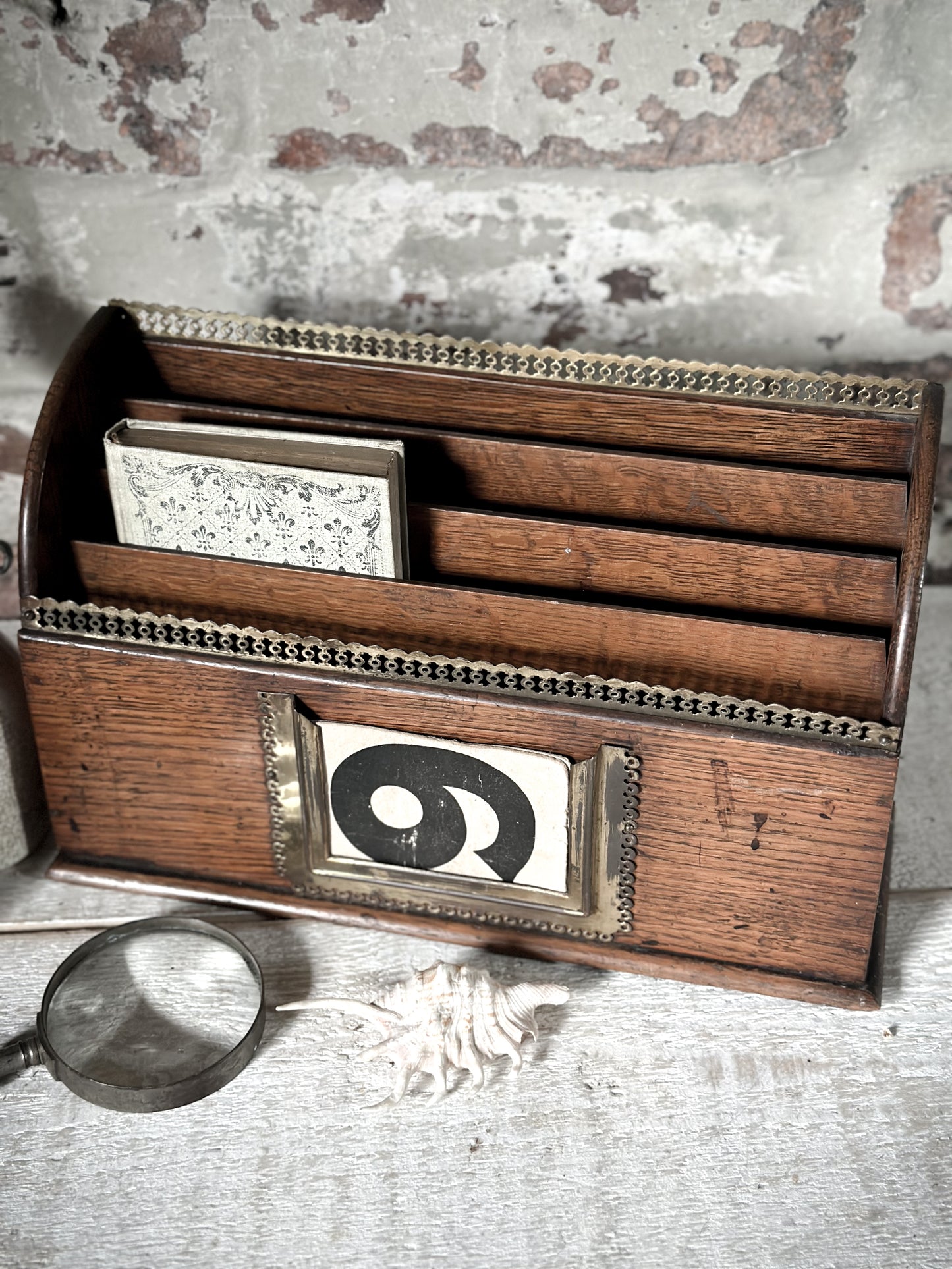 Victorian Oak Letter Rack with brass fretwork