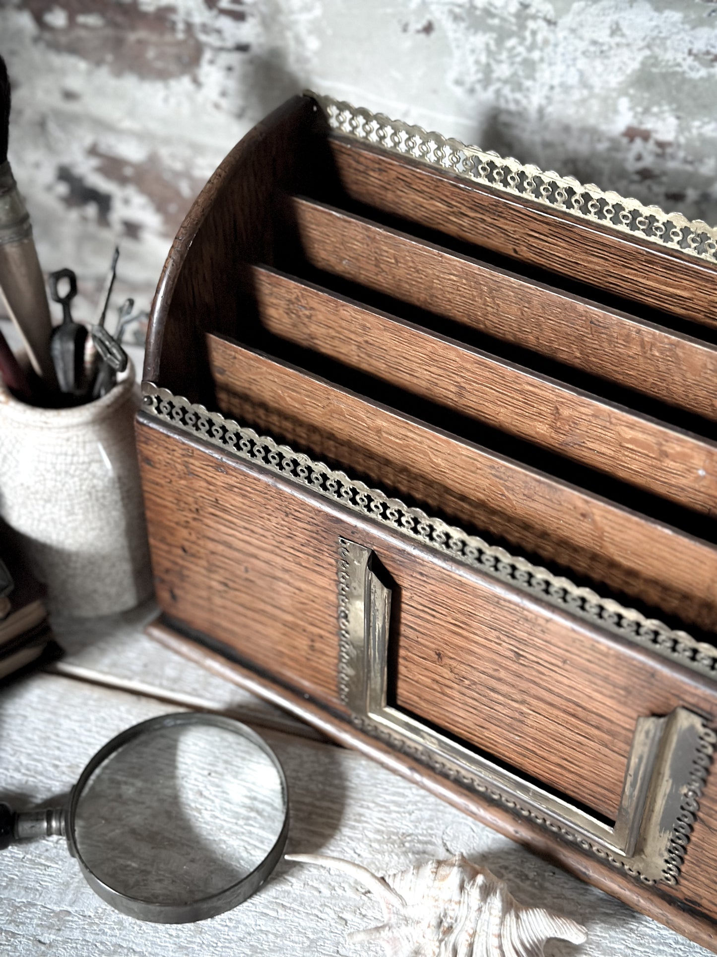 Victorian Oak Letter Rack with brass fretwork