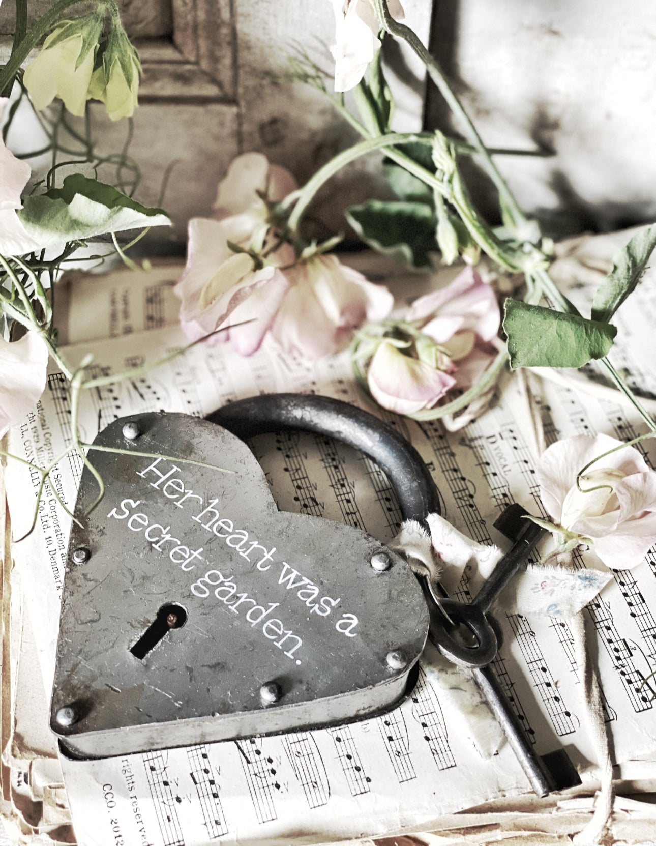 A beautiful hand painted rustic heart iron padlock with keys  "Her heart was a secret garden." A unique Valentine’s Day gift