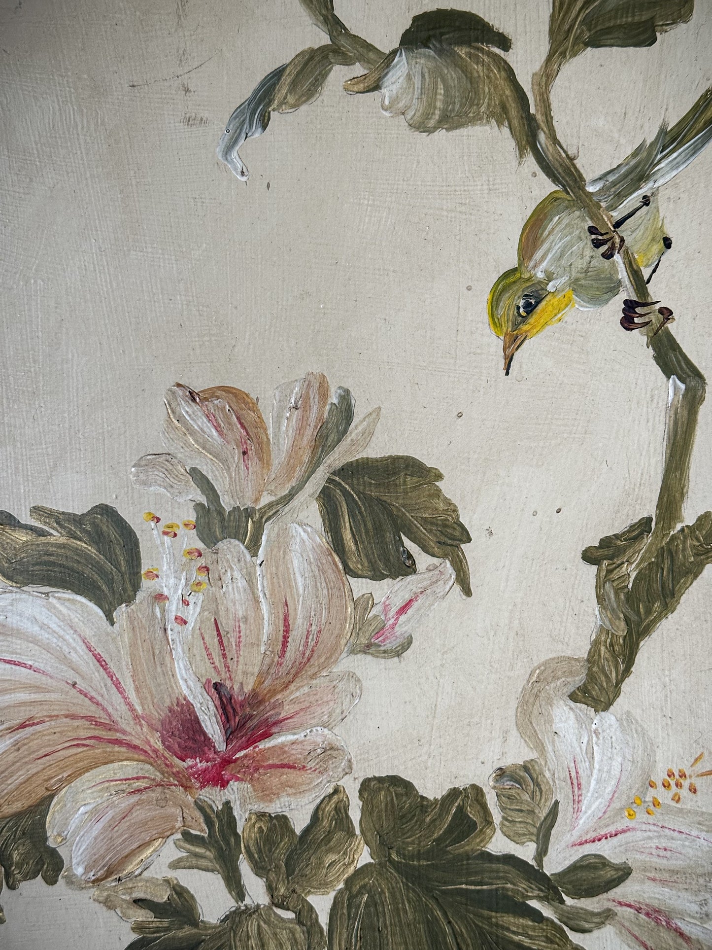 A Beautiful pair of Painted Panels with Hibiscus Flowers and Birds