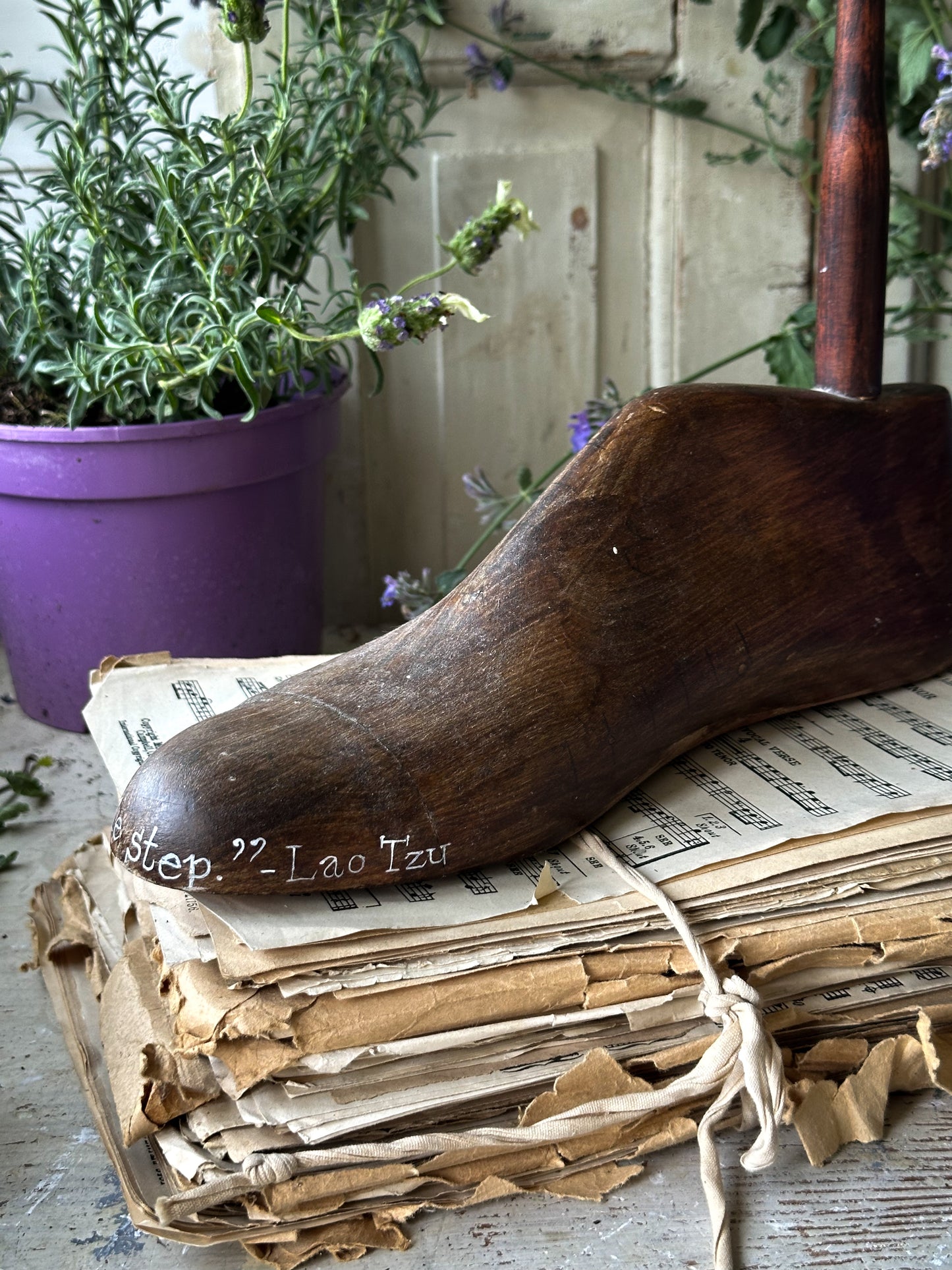 An antique wooden painted adult’s shoe last.