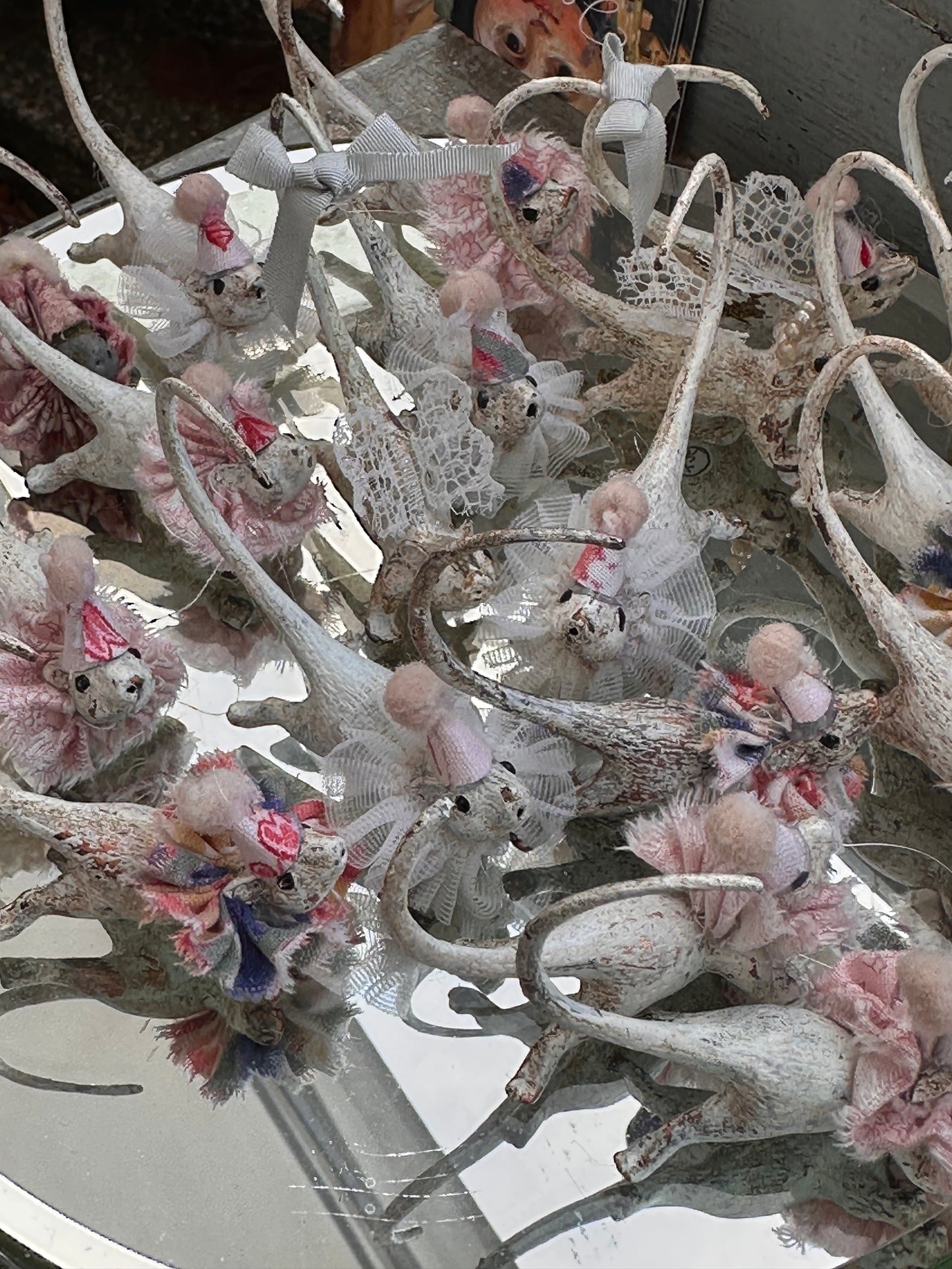 A cold painted brass “night before Christmas Party mouse” with a pretty fabric ruffle and Christmas hat