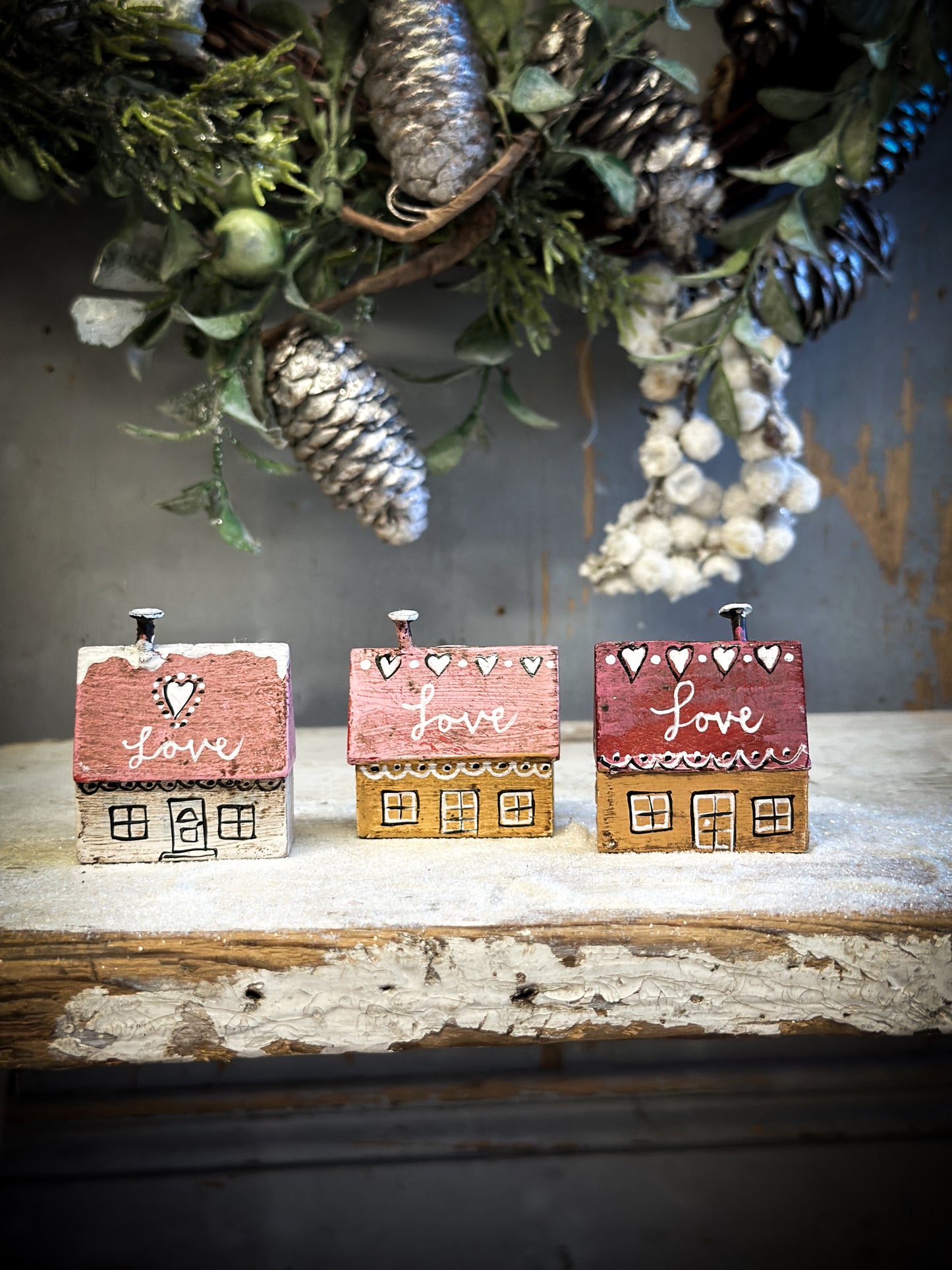 A Pretty Vintage German Erzgebirge Putz Wooden Village House “Love”