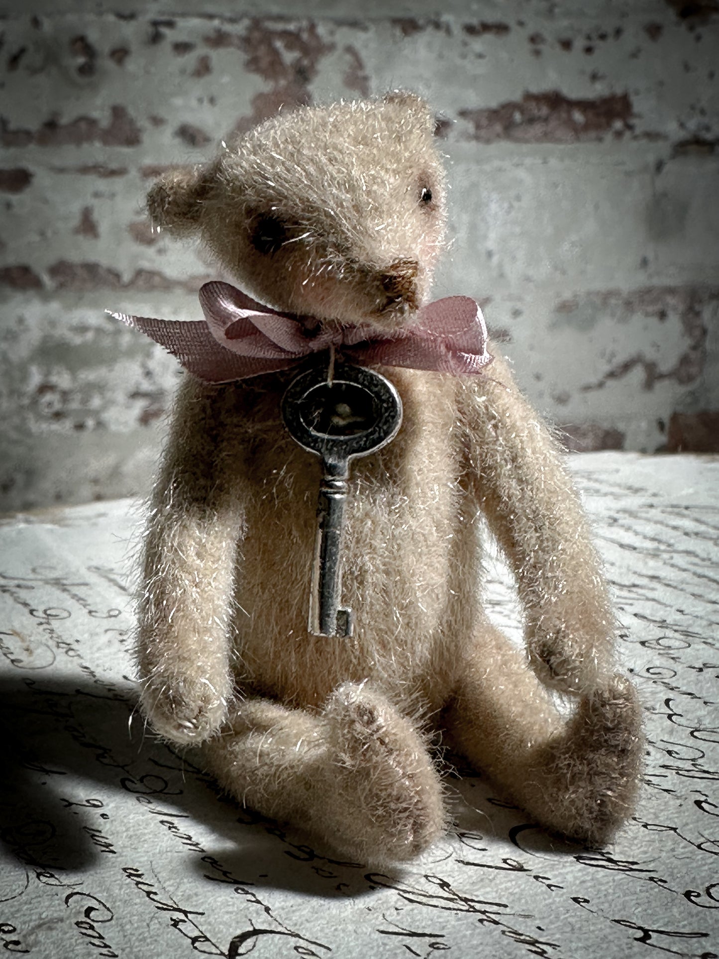 A beautiful hand made tiny jointed collector’s teddy bear with pale pink antique ribbon and bell and heart charm