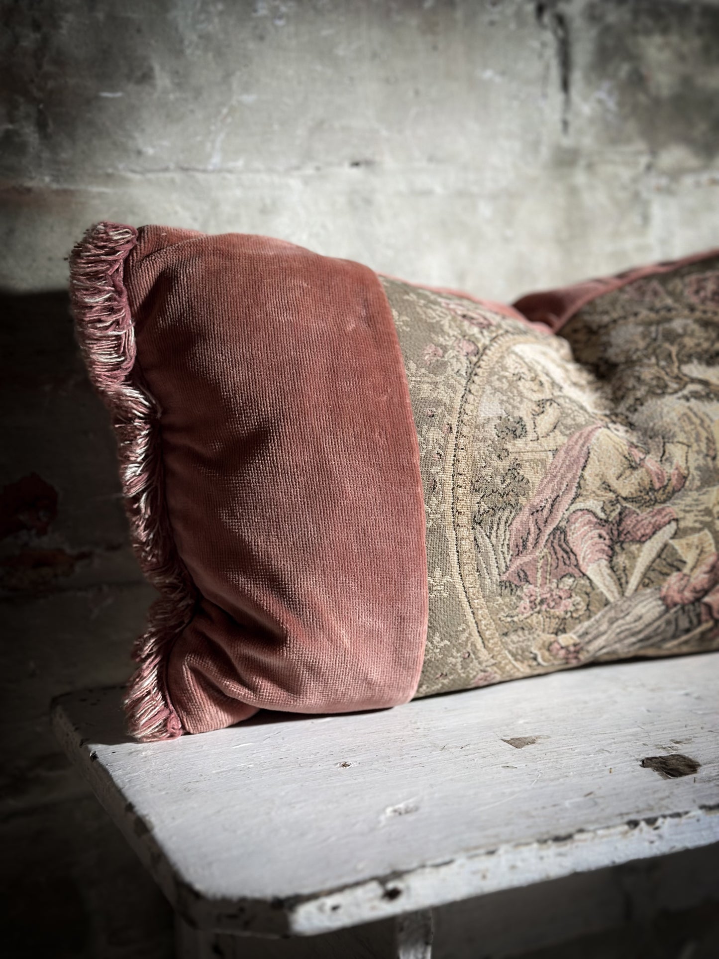 A Vintage Velvet Tapestry Fragonard Mini Bolster Cushion