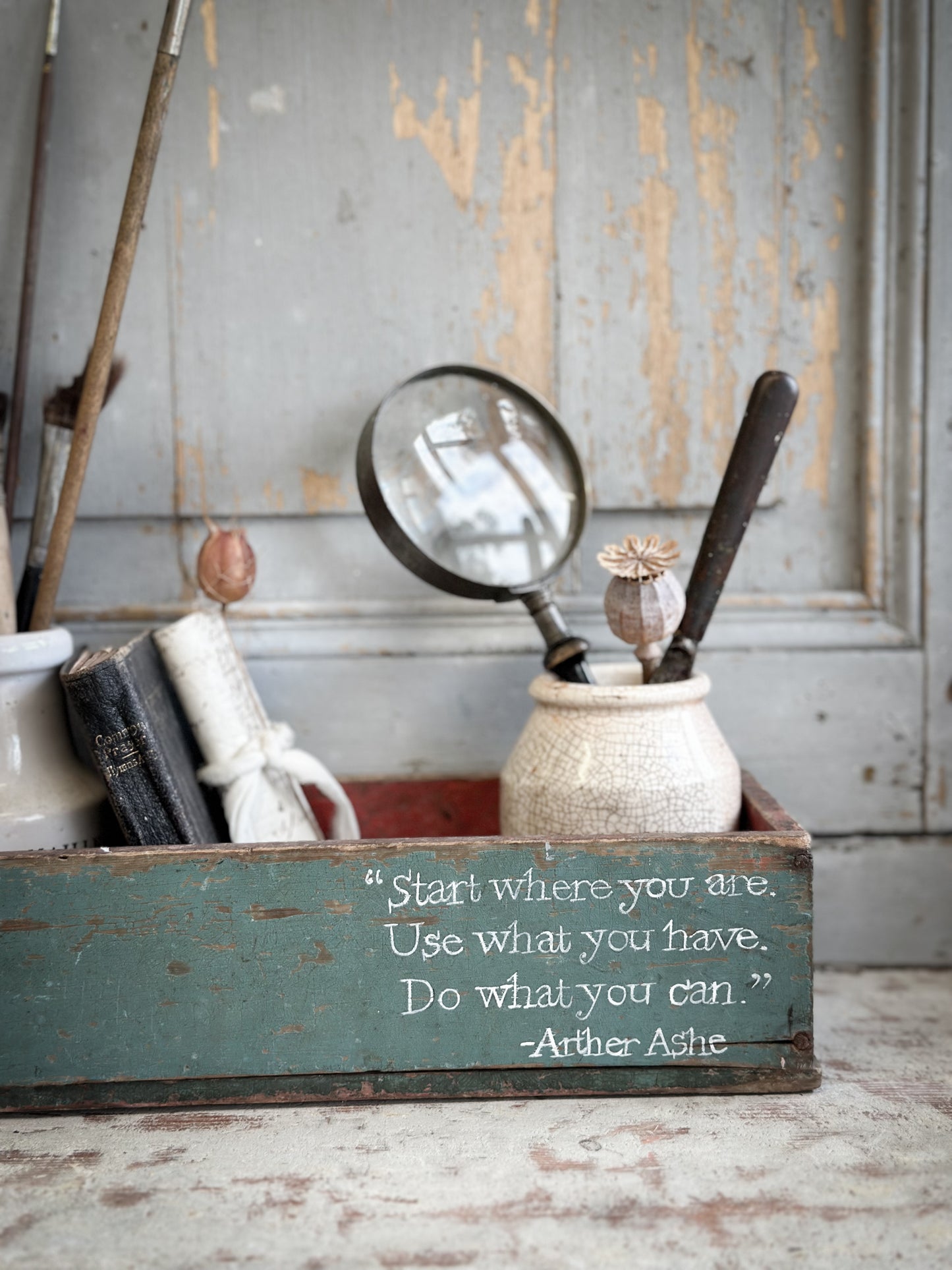 A Vintage French Chippy Paint Wooden Crate With A Hand Painted Quote