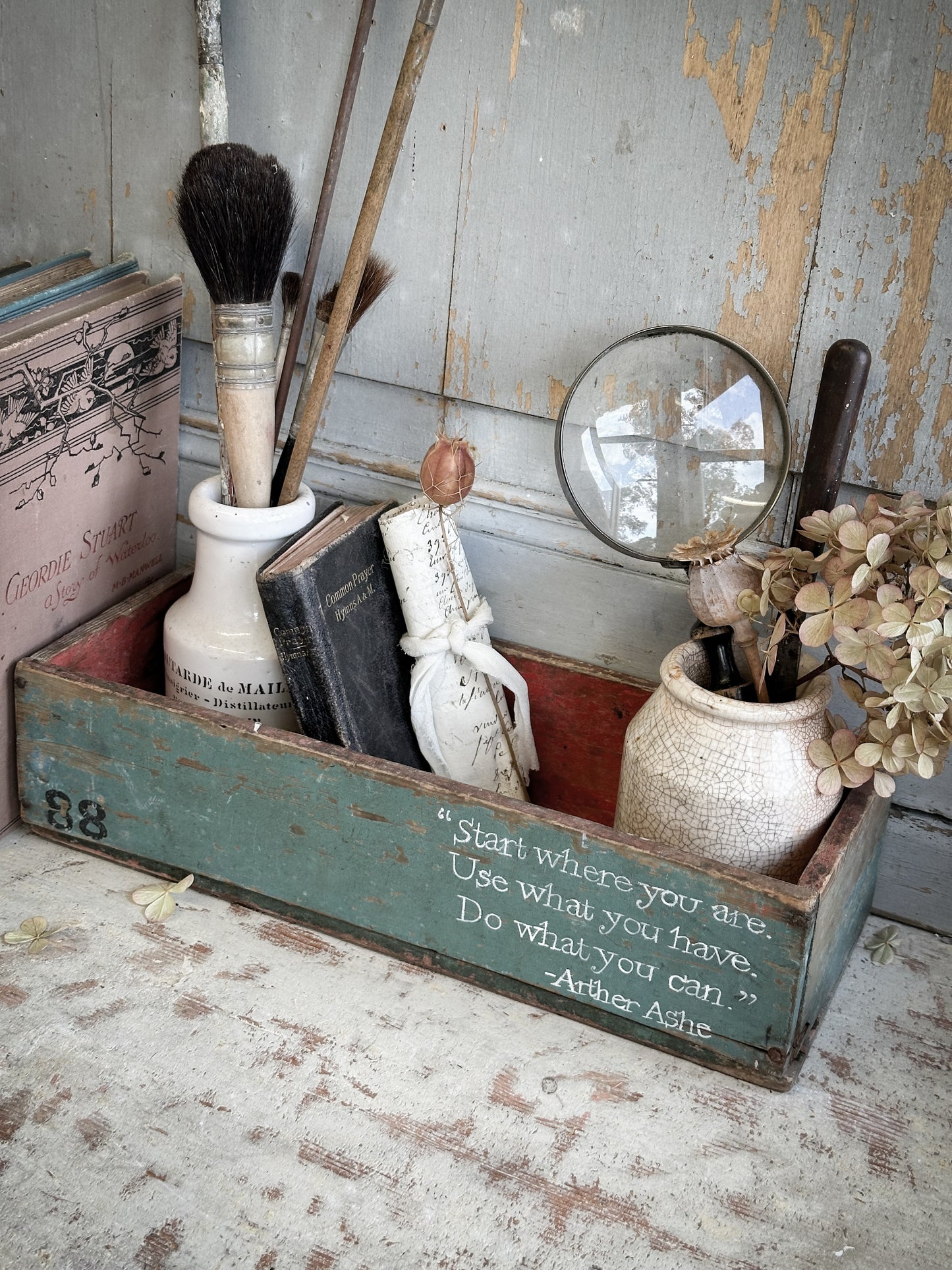 A Vintage French Chippy Paint Wooden Crate With A Hand Painted Quote