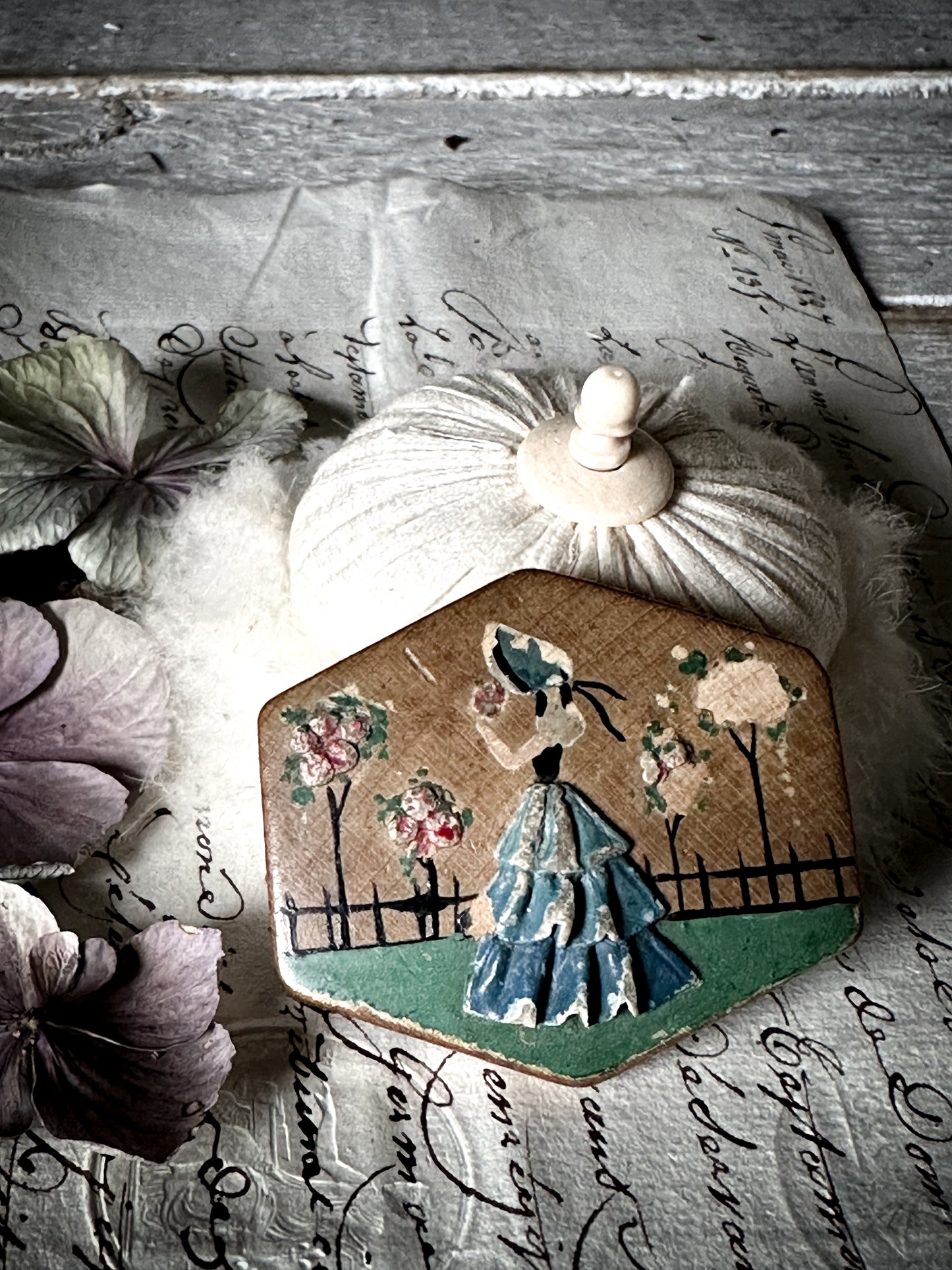 Pretty 1930’s carved wooden Crinoline lady hand painted brooch