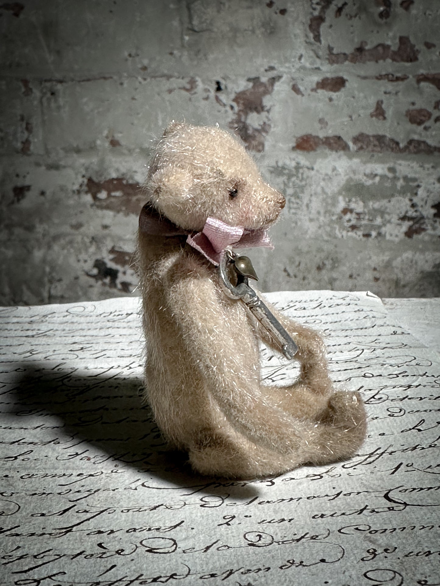 A beautiful hand made tiny jointed collector’s teddy bear with pale pink antique ribbon and bell and heart charm