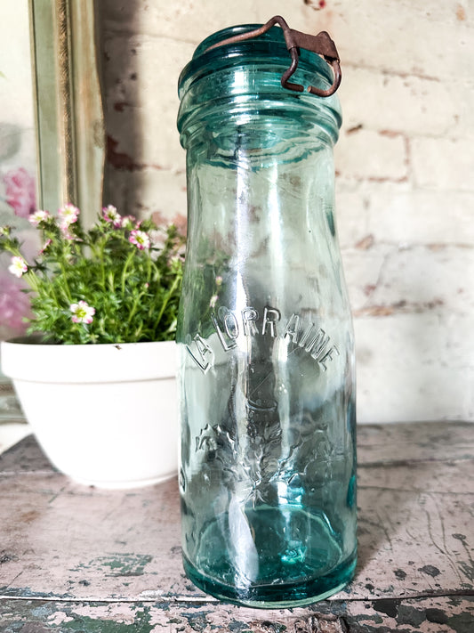Vintage French Glass Jar – “La Lorraine” Aqua Storage Jar with Lid