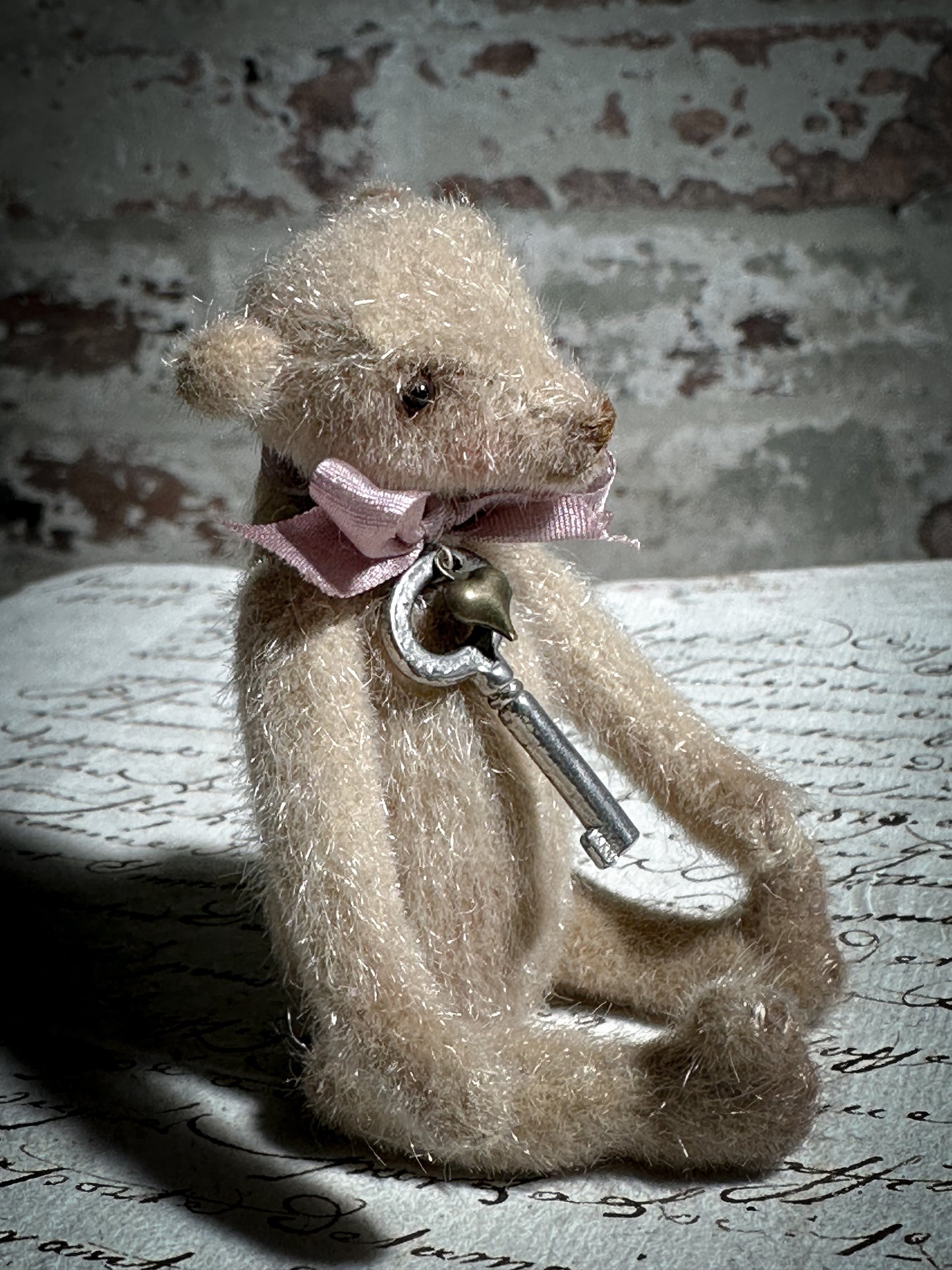 A beautiful hand made tiny jointed collector’s teddy bear with pale pink antique ribbon and bell and heart charm