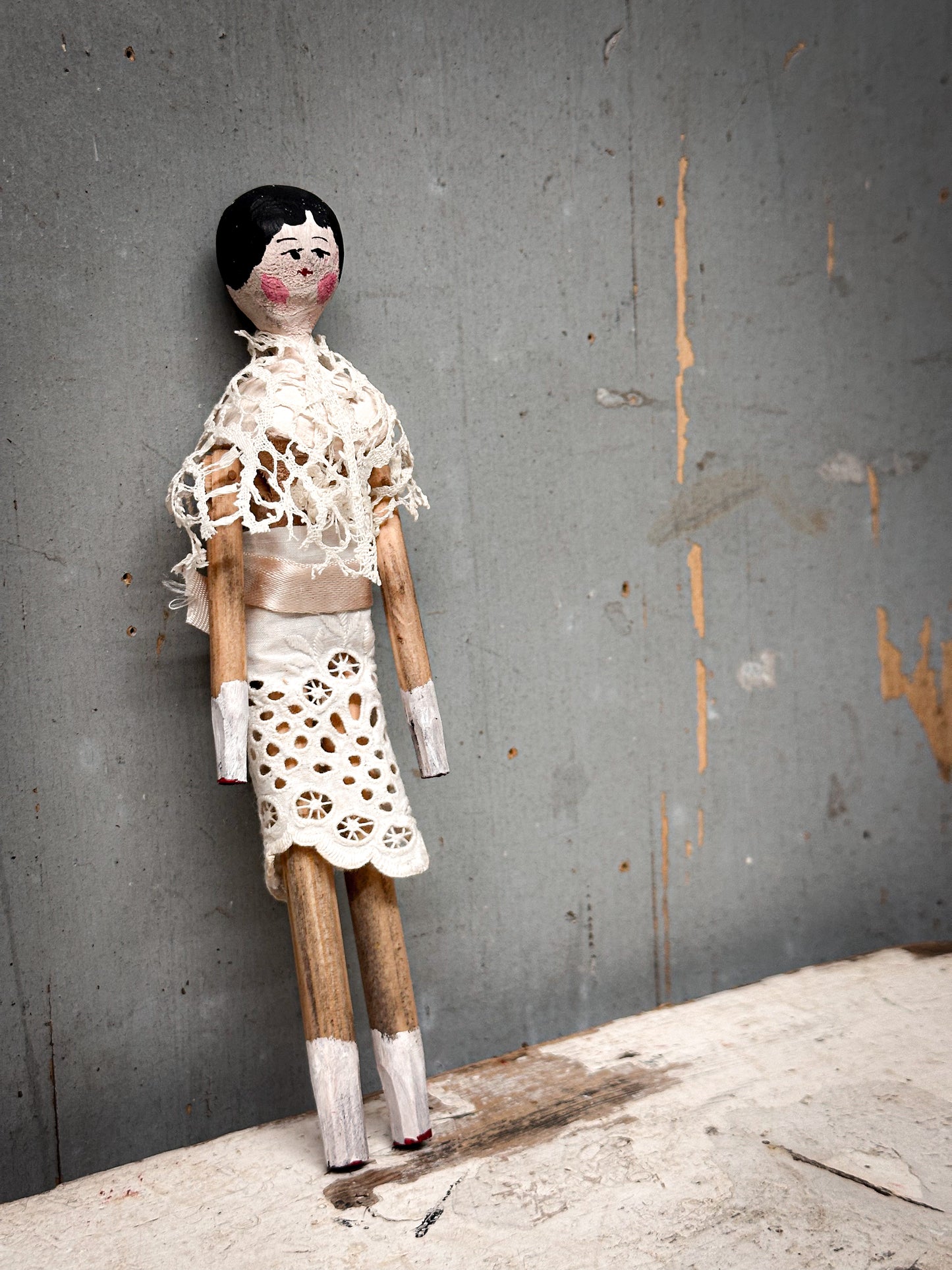 Antique Peg Doll / Grodnertal Doll with Wicker Crib